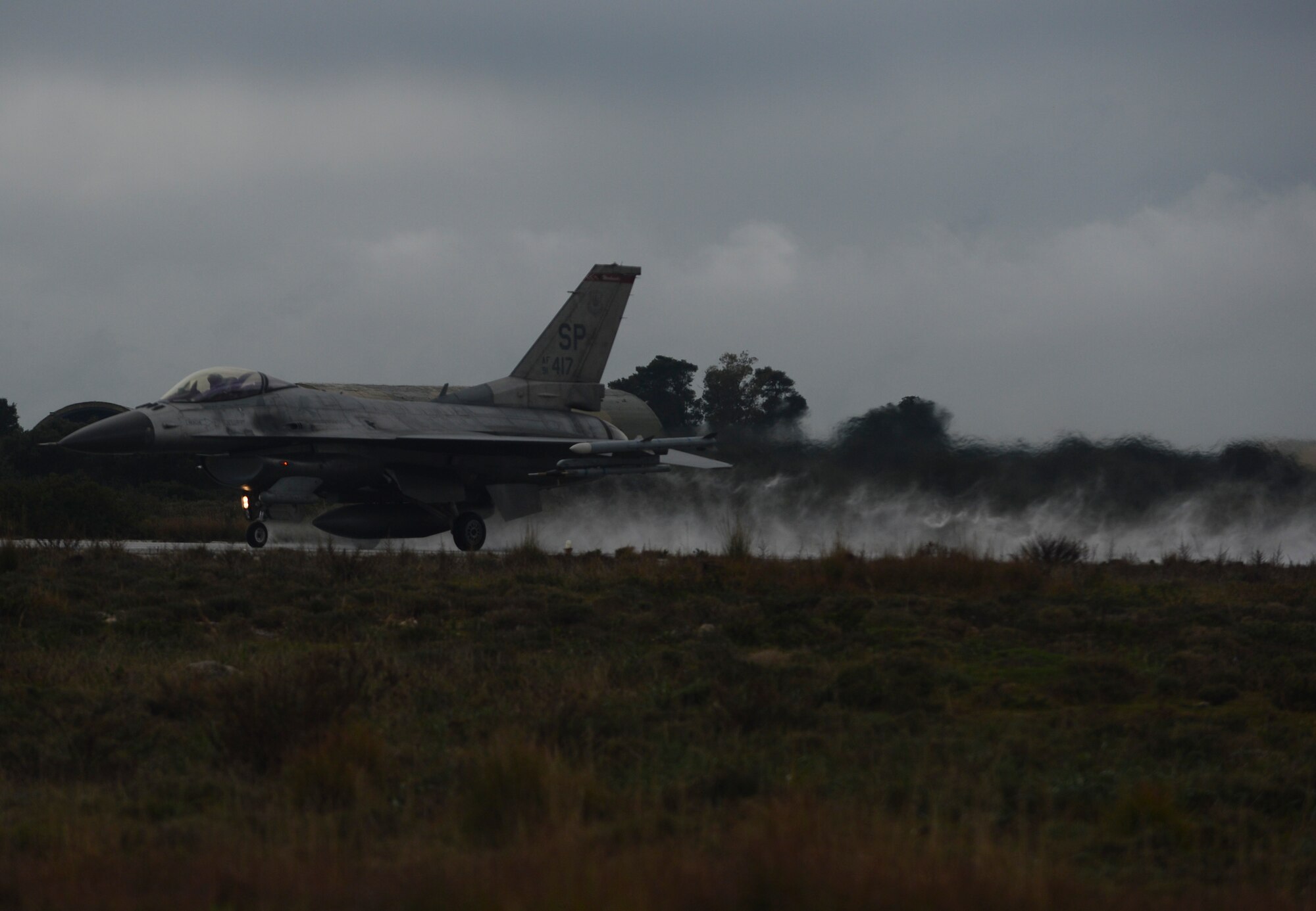 A U.S. Air Force F-16 Fighting Falcon fighter aircraft assigned to the 480th Expeditionary Fighter Squadron lands during a flying training deployment on the flightline at Souda Bay, Greece, Jan. 29, 2015. The aircraft conducted the training as part of the bilateral deployment between the Greek and U.S. Air Forces to develop interoperability and cohesion between the two NATO partners. (U.S. Air Force photo by Staff Sgt. Joe W. McFadden/Released)