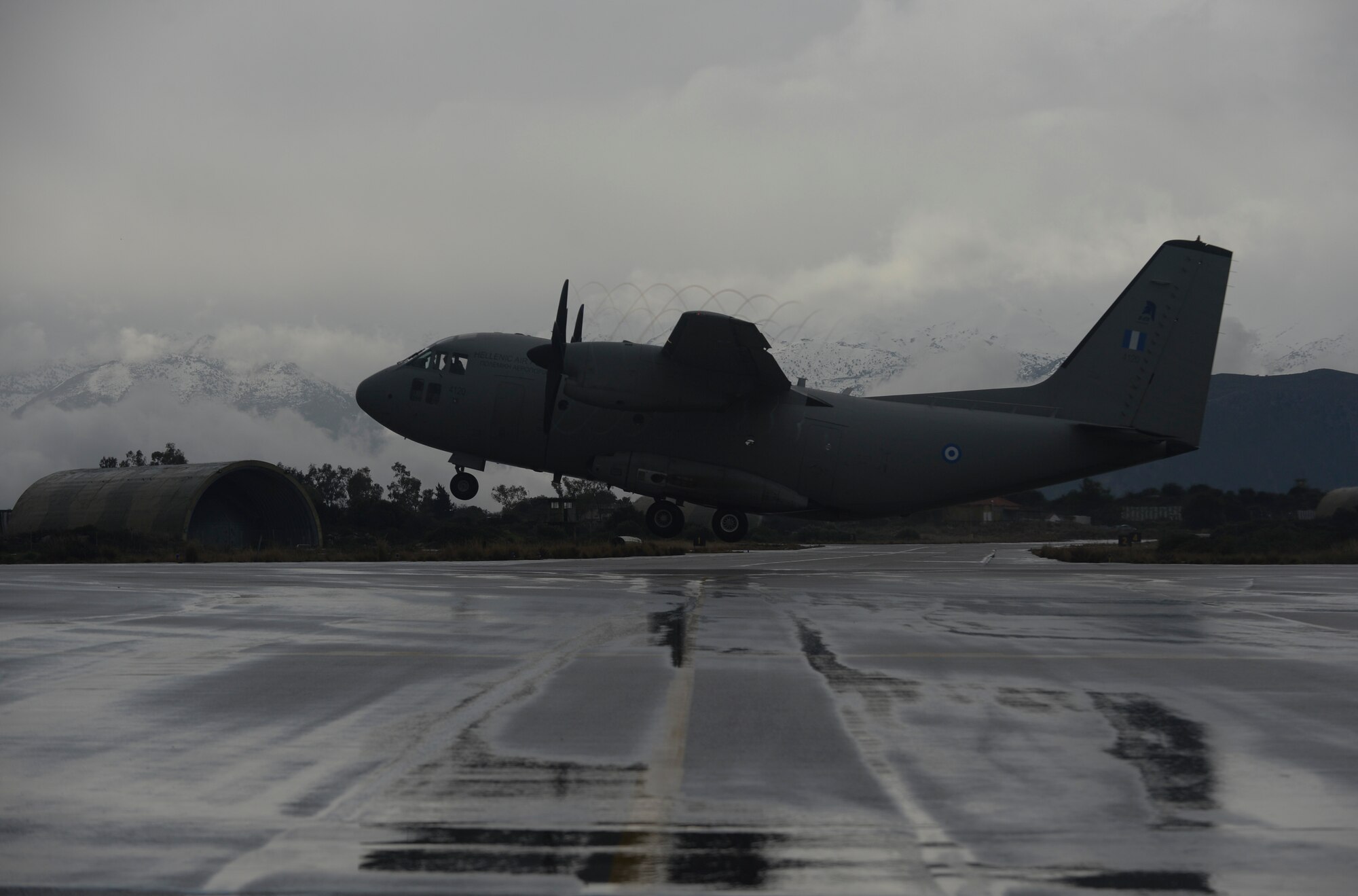 A Hellenic air force C-27J Spartan cargo aircraft assigned to the 354th Squadron takes off on the flightline at Souda Bay, Greece, Jan. 29, 2015. The Greek air force use the aircraft for transportation and humanitarian missions. The aircraft took off from Souda Bay as Greek and U.S. Air Force F-16 Fighting Falcon fighter aircraft participated in a flying training deployment on the installation there Jan. 16 - Feb. 13, 2015. (U.S. Air Force photo by Staff Sgt. Joe W. McFadden/Released)