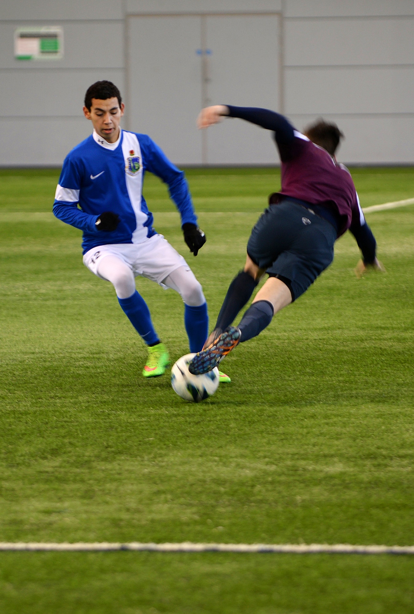 Kyle Freaney, a forward for the Liberty Football Club, takes control of the ball during a match against the world-ranked England Cerebral Palsy team at St. George’s Park, England, Jan. 25, 2015. The England CP team is currently training for the 2015 CP World Cup, which will be hosted by England at St. George’s Park. (U.S. Air Force photo by Staff Sgt. Emerson Nuñez/Released)