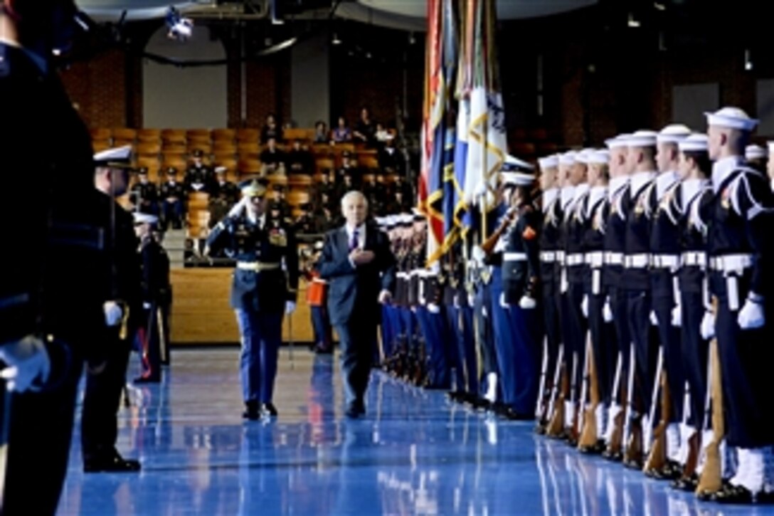 Defense Secretary Chuck Hagel and Army Col. Johnny K. Davis, commander of the 3rd U.S. Infantry Regiment, known as "The Old Guard," render honors during the Armed Forces Farewell Tribute to Hagel on Joint Base Myer-Henderson Hall in Arlington, Va., Jan. 28, 2015. President Barack Obama hosted the event, which included remarks by Vice President Joe Biden and Army Gen. Martin E. Dempsey, chairman of the Joint Chiefs of Staff. 
