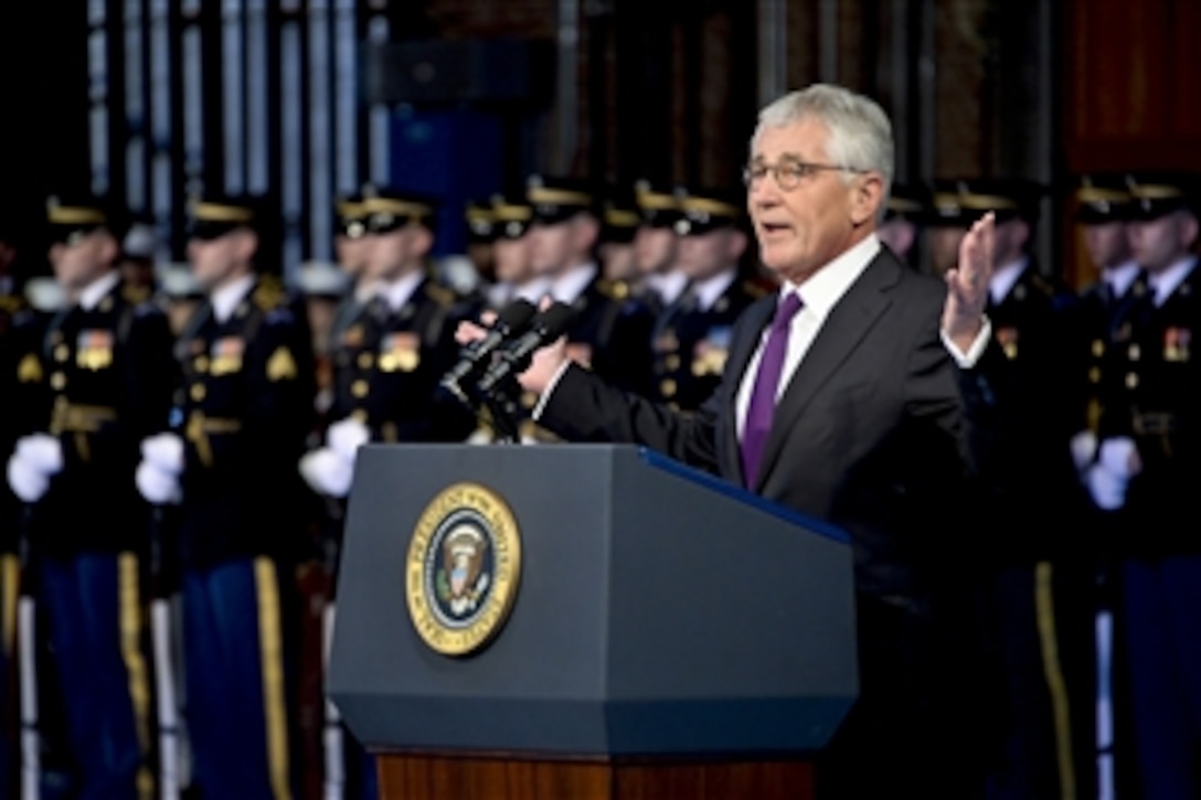 Defense Secretary Chuck Hagel speaks during the Armed Forces Farewell Tribute to him on Joint Base Myer-Henderson Hall in Arlington, Va., Jan. 28, 2015. President Barack Obama hosted the event, which included remarks by Vice President Joe Biden and Army Gen. Martin E. Dempsey, chairman of the Joint Chiefs of Staff. Hagel is the 24th defense secretary.