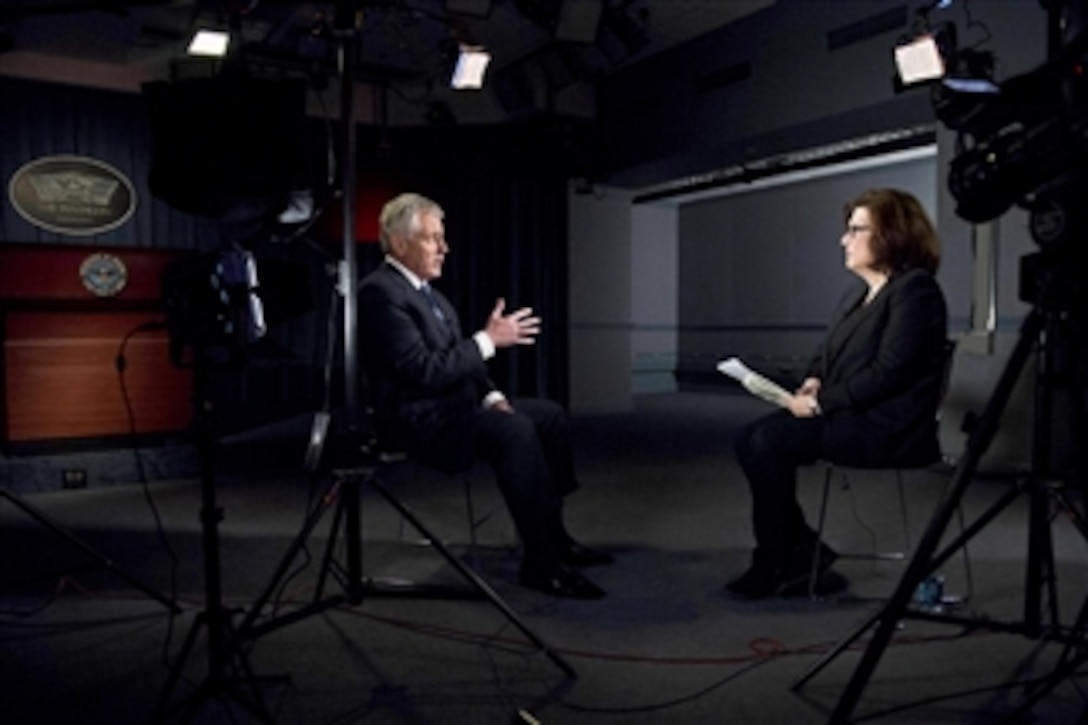 Defense Secretary Chuck Hagel speaks with Barbara Starr, CNN's Pentagon correspondent, during an interview at the Pentagon, Jan. 30, 2015.