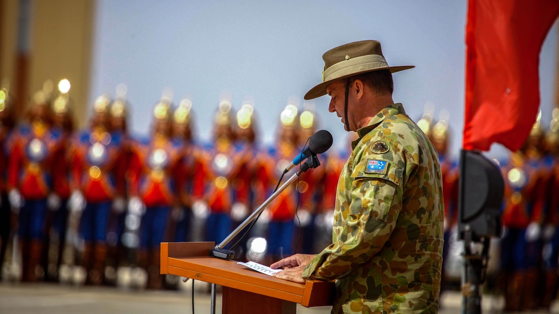 Maj. Gen. Greg Charles Bilton, the deputy commanding general of operations for U.S. Army Pacific, delivers remarks at the closing ceremony of Khaan Quest 2015 at the Five Hills Training Area in Tavantolgoi, Mongolia, July 1, 2015. Khaan Quest is a regularly scheduled, multinational exercise hosted annually by Mongolian Armed Forces and co-sponsored by U.S. Army, Pacific, and U.S. Marine Corps Forces, Pacific. This year marks the 13th iteration of Khaan Quest. 