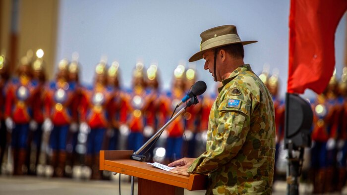 Maj. Gen. Greg Charles Bilton, the deputy commanding general of operations for U.S. Army Pacific, delivers remarks at the closing ceremony of Khaan Quest 2015 at the Five Hills Training Area in Tavantolgoi, Mongolia, July 1, 2015. Khaan Quest is a regularly scheduled, multinational exercise hosted annually by Mongolian Armed Forces and co-sponsored by U.S. Army, Pacific, and U.S. Marine Corps Forces, Pacific. This year marks the 13th iteration of Khaan Quest. 