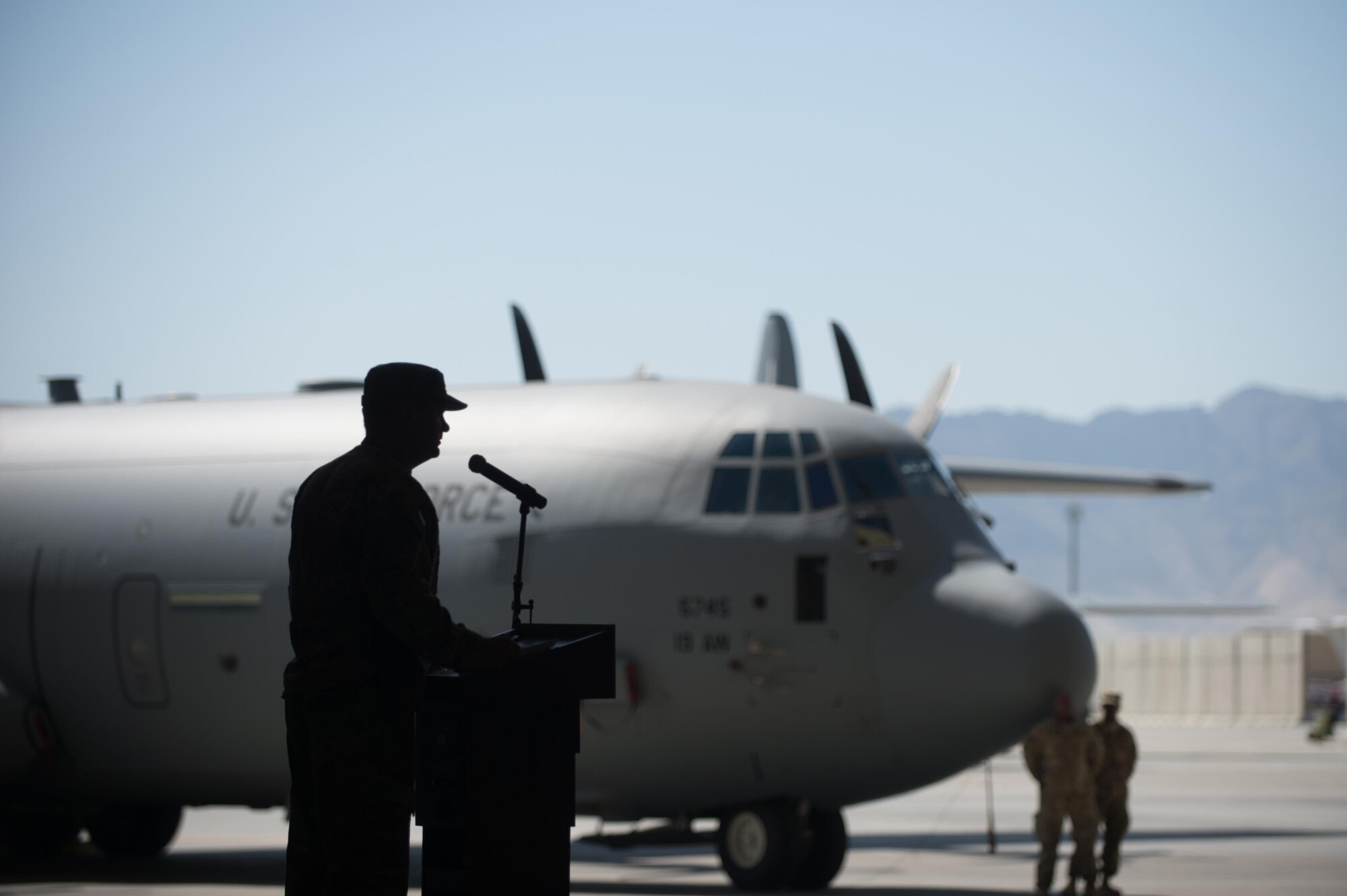 U.S. Air Force Maj. Gen. Scott West, 9th Air and Space Expeditionary Task Force-Afghanistan commander, speaks during the 455th Air Expeditionary Wing change of command July 1, 2015, at Bagram Airfield, Afghanistan. During the ceremony Brig. Gen. Kelly relinquished command of the 455th AEW to Brig. Gen. Dave Julazadeh. (U.S. Air Force photo by Senior Airman Cierra Presentado/Released)