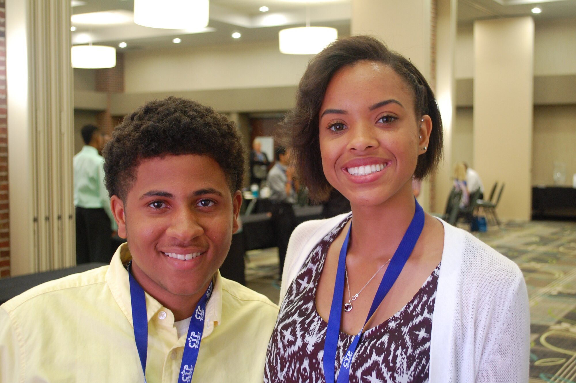 From left, Air Force Youth of the Year regional competitors Andrew Brown, representing YoY U.S. Southeast region, and Riansimone Harris, representing YoY Overseas Region, prepare for nationals at the AF YoY Youth Leadership Camp in San Antonio June 22-26, 2015. (U.S. Air Force photos/Master Sgt. Christian Michael/RELEASED)