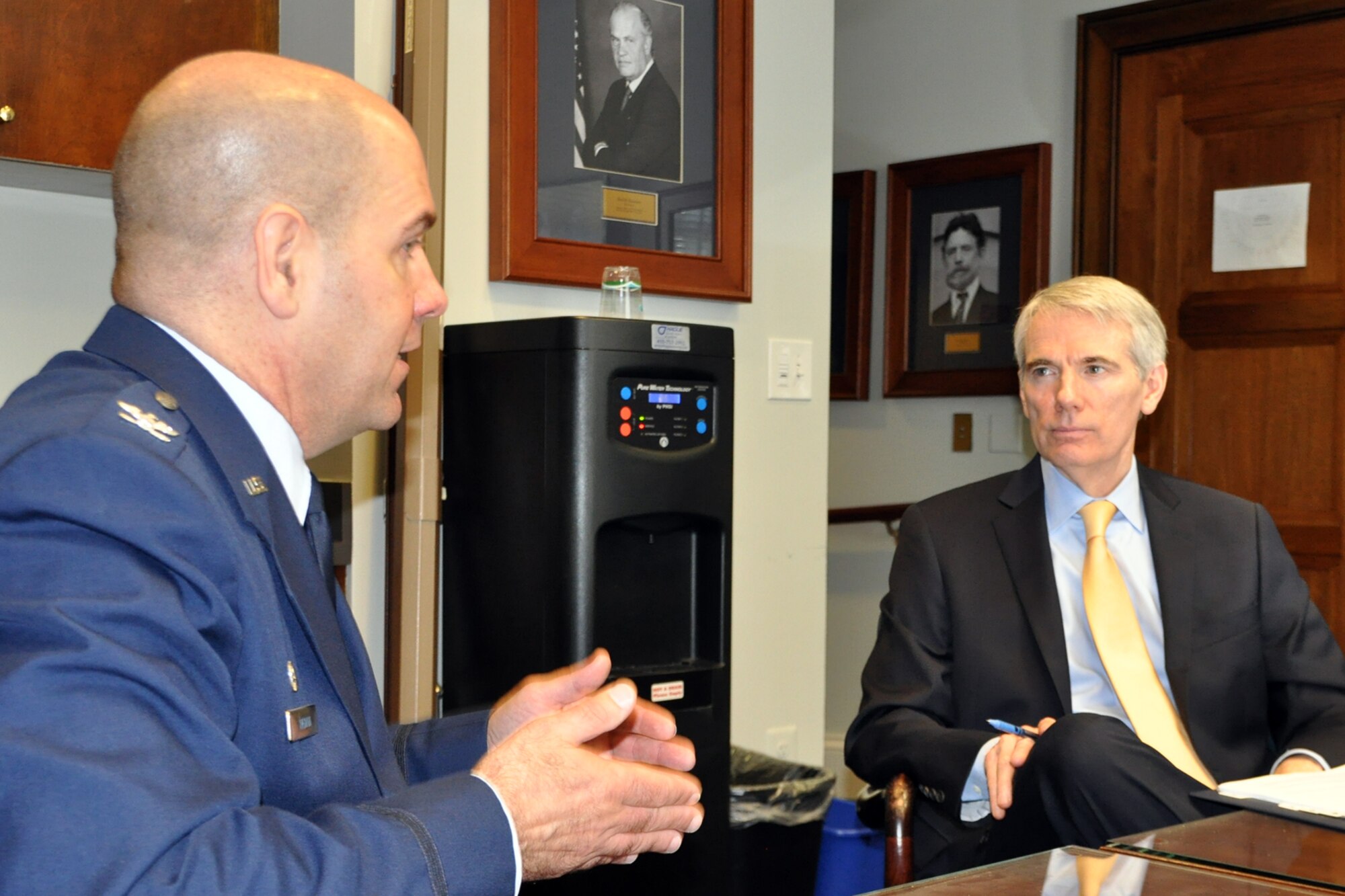 910th Airlift Wing commander Col. James Dignan, based at Youngstown Air Reserve Station (YARS), Ohio, talks with Ohio Senator Rob Portman on Capitol Hill here, June 25, 2015. Dignan visited with the senator to discuss the 910th’s mission as well as several issues concerning the unit and installation as part of the commander’s Air Force Reserve Capitol Hill Visit program, June 24 and 25, 2015. The primary purpose of the program is to assist commanders in improving and building on relationships established with congressional delegations and to increase their unit’s visibility with members of congress. U.S. Air Force photo by Master Sgt. Bob Barko Jr.