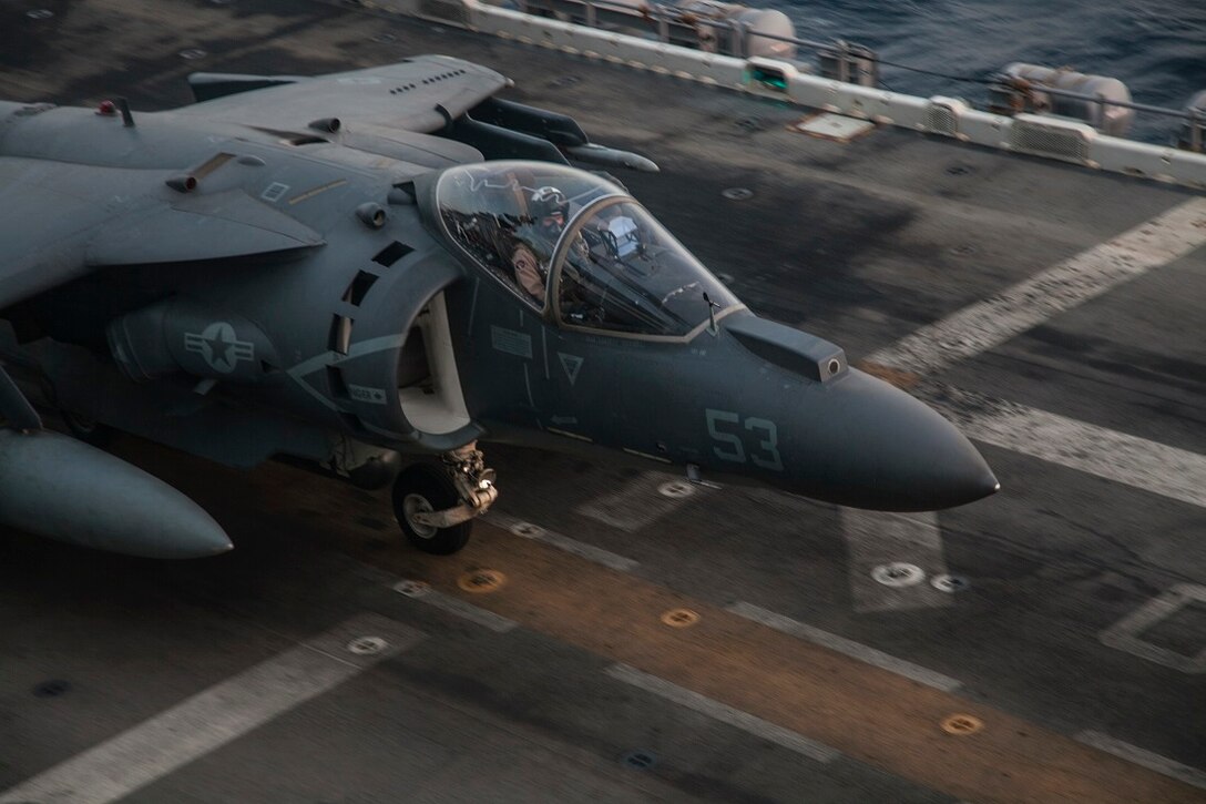 GULF OF ADEN (June 28, 2015) An AV-8B Harrier from the “Greyhawks” of Marine Medium Tiltrotor Squadron 161 (Reinforced), 15th Marine Expeditionary Unit, taxis to its launch point on the flight deck of the amphibious assault ship USS Essex (LHD 2). The pilots maintain their flight readiness by performing take-off and landing drills. The 15th MEU is embarked on the Essex Amphibious Ready Group and deployed to maintain regional security in the U.S. 5th Fleet area of operations. (U.S. Marine Corps photo by Cpl. Elize McKelvey/Released)