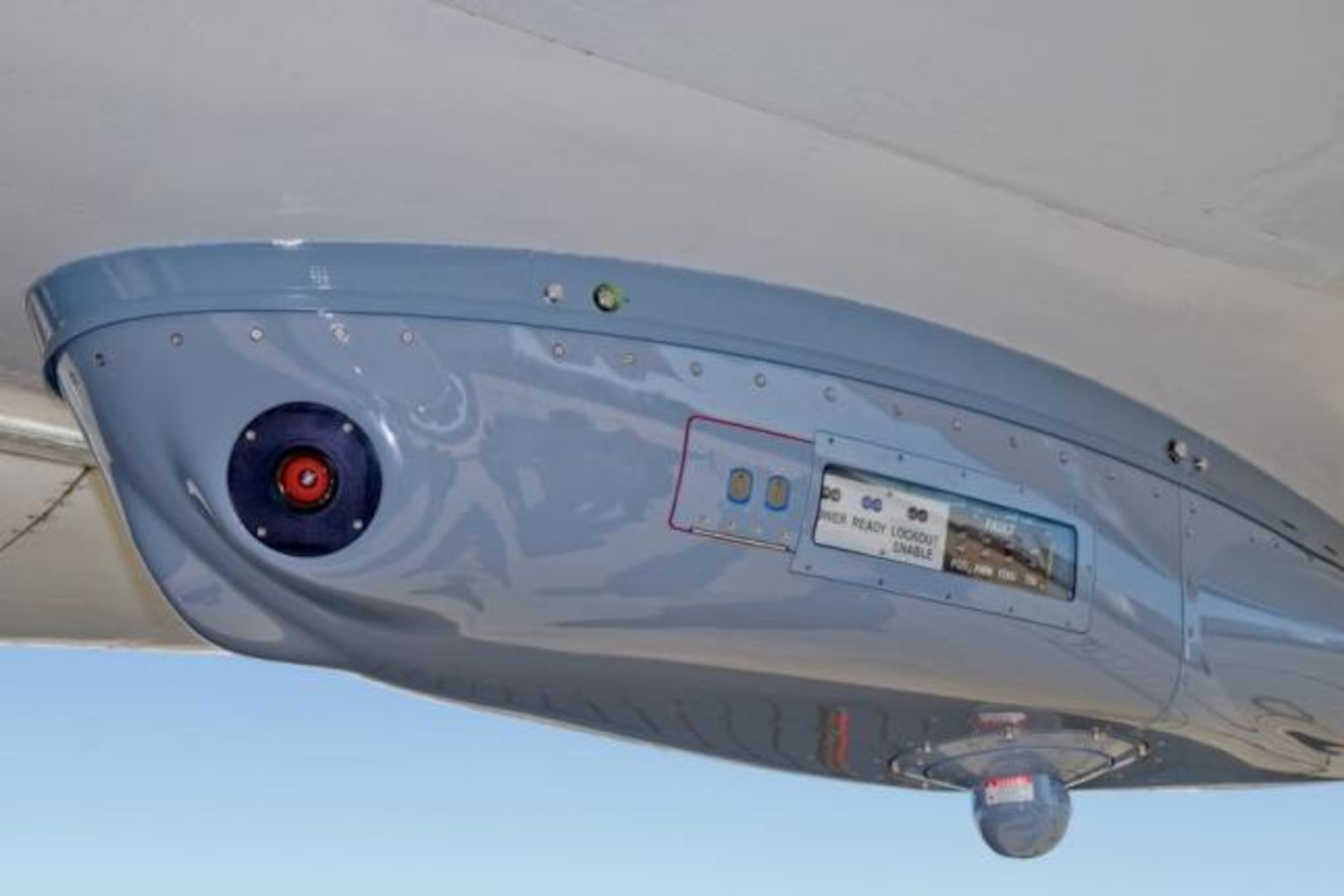 A Large Aircraft Infrared Countermeasures system pod mounted onto a large aircraft. The Air National Guard and Air Force Reserve are scheduled to receive three new system pods that will allow tankers to safely get closer to the fight for refueling. (Courtesy photo)