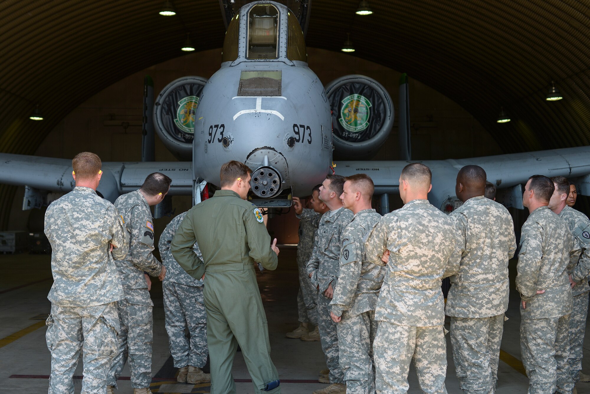 1st Lt. Jerrad O'Brien, 25th Fighter Squadron pilot, explains the A-10's capabilities to U.S. Army Soldiers July 1, 2015, at Osan Air Base, Republic of Korea. The Soldiers work with Kiowa helicopters, and visited the A-10 squadron to familiarize themselves with their Air Force partners. (U.S. Air Force photo by Tech. Sgt. Jake Barreiro)