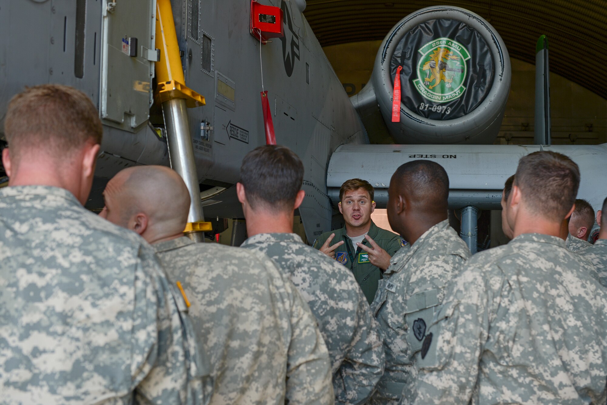 1st Lt. Jerrad O'Brien, 25th Fighter Squadron pilot, explains the A-10's capabilities to U.S. Army Soldiers July 1, 2015, at Osan Air Base, Republic of Korea. The Soldiers work with Kiowa helicopters, and visited the A-10 squadron to familiarize themselves with their Air Force partners. (U.S. Air Force photo by Tech. Sgt. Jake Barreiro)
