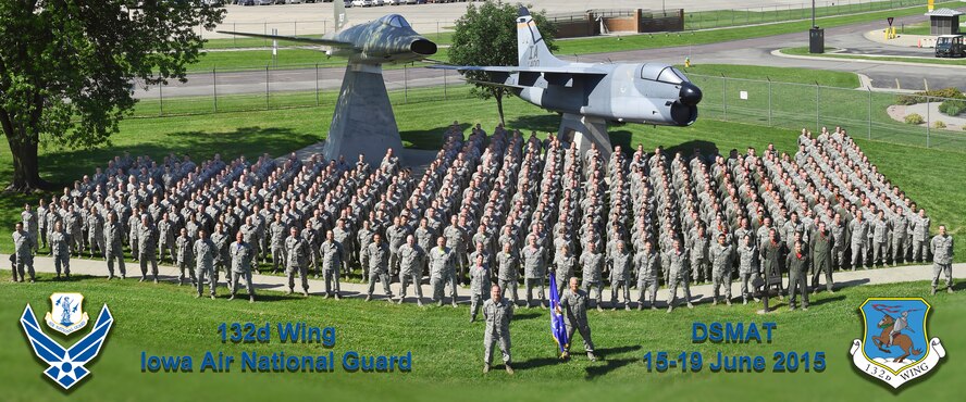 Members of the 132d Wing (132WG), Des Moines, Iowa gather for a group photo in front of the static display at the 132WG on Friday, June 19, 2015.  (U.S. Air National Guard photo illustration by Tech. Sgt. Linda K. Burger/Released)(This illustration was created using the Photoshop Photomerge tool; it consists of three original images stitched together.  This image was manipulated using Photoshop filters and dodging and burning techniques, as well as the spot healing brush to remove (then blend/blur) a row of dead grass at the bottom of the image.  A vehicle parked in the parking space in the upper right corner of the image was erased to remove distraction from subjects being photographed, as well as objects placed at the base of the tree trunk on the left side of the image, and a notebook at the feet of an individual standing near the middle of the row of people in front of the sidewalk.  AF/ANG and Wing logos were added to the lower left and right corners, along with text on the bottom portion of the image.)