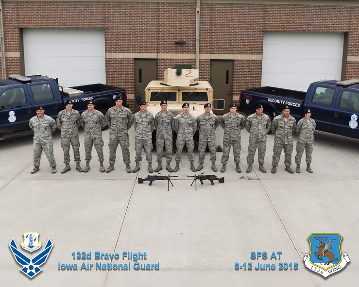 Members of the 132d Wing (132WG), Des Moines, Iowa Security Forces Squadron (SFS) Bravo Flight gather for a group photo in front of the SFS building at the 132WG on Friday, June 12, 2015.  (U.S. Air National Guard photo illustration by Tech. Sgt. Linda K. Burger/Released)(This image was manipulated using Photoshop filters and dodging and burning techniques; AF/ANG and Wing logos were added to the lower left and right corners, along with text on the bottom portion of the image.)