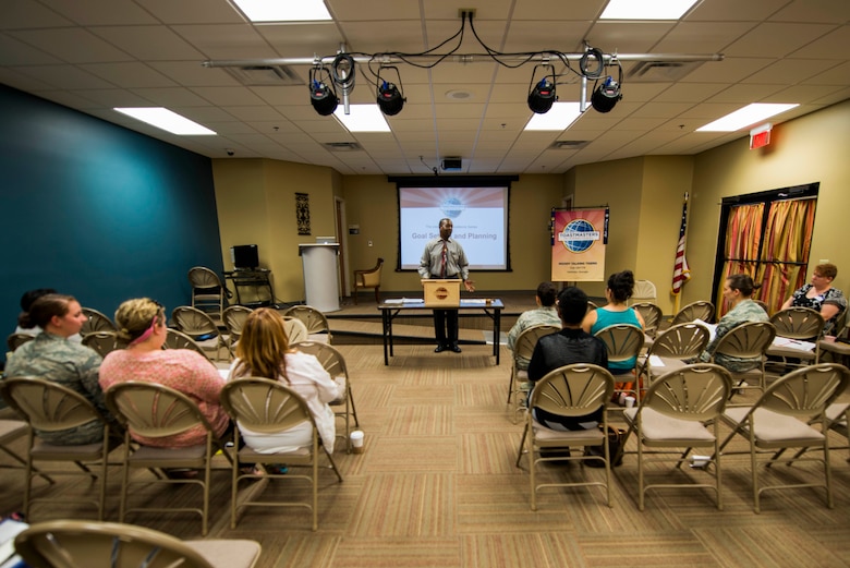 Jerry Bullard, incoming Moody Talking Tigers president, performs a 15-minute speech during the 2015 Moody Talking Tigers inauguration ceremony June 25, 2015, at Moody Air Force Base, Ga. Bullard performed his longest speech to date on the importance of setting goals. (U.S. Air Force photo by Airman 1st Class Dillian Bamman/Released)