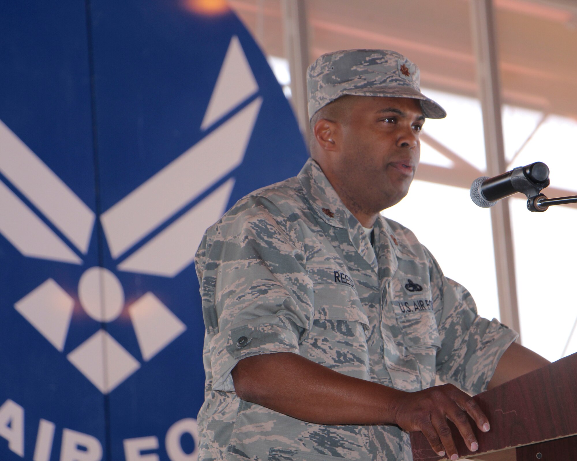 Major Christopher Reese, incoming 49th Maintenance Squadron commander, speaks to Holloman Airmen during the 49th MXS Change of Command at Holloman Air Force Base, N.M., June 30, 2015. During the ceremony, Reese accepted command of the 49th MXS from Maj. Anthony Vieira. (U.S. Air Force photo by Airman 1st Class Emily A. Kenney/Released)