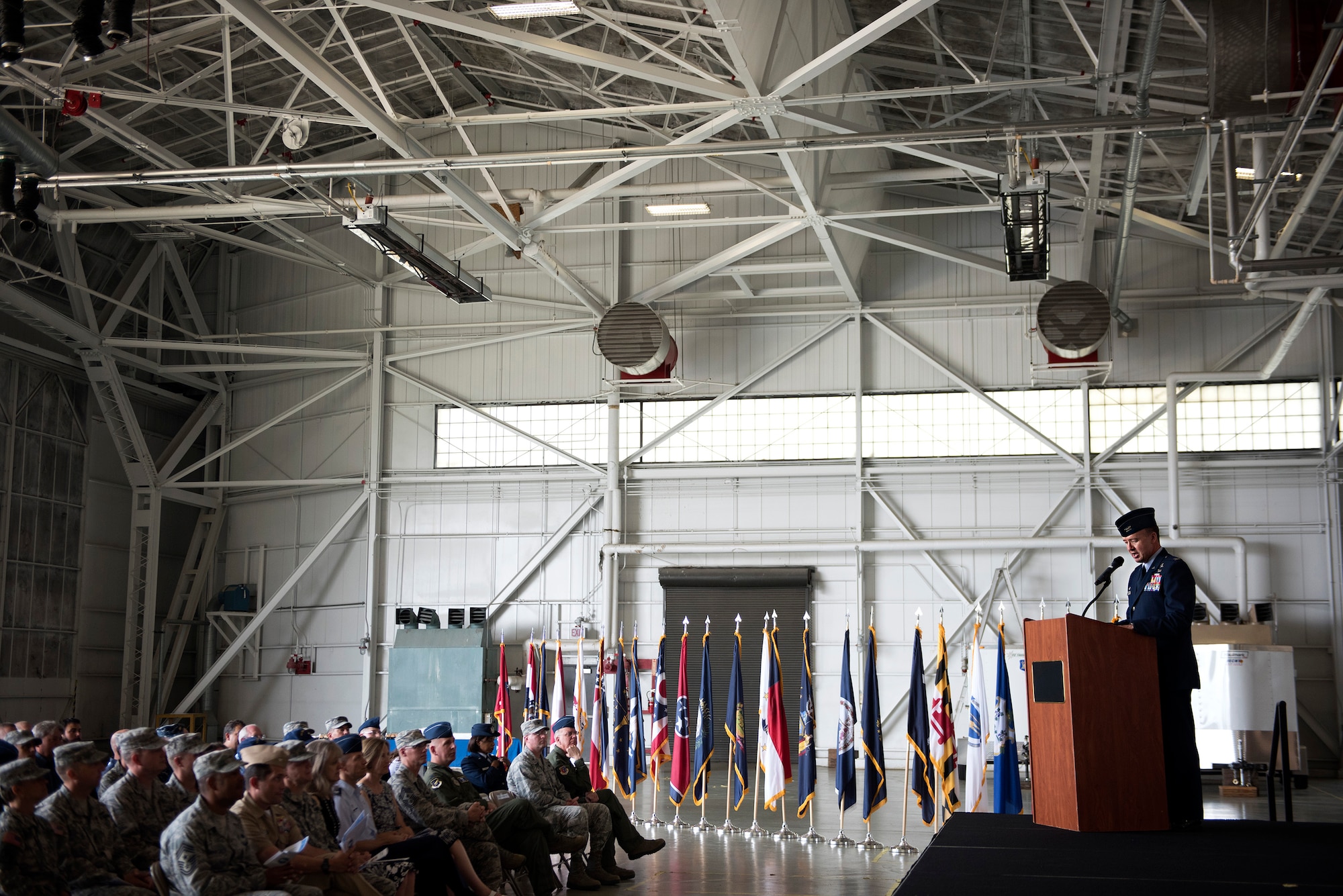 Col. Frederick D. Thaden, Joint Base McGuire-Dix-Lakehurst and 87th Air Base Wing commander, speaks during the 87th Civil Engineer Group activation and assumption of command ceremony July 1, 2015 at JB MDL, N.J. The group, which was previously under the 87th Mission Support Group as a squadron, has been stood up to compensate for increases in acreage and facilities since the assimilation of the joint base. (U.S. Air Force photo by Staff Sgt. Katherine Tereyama)
