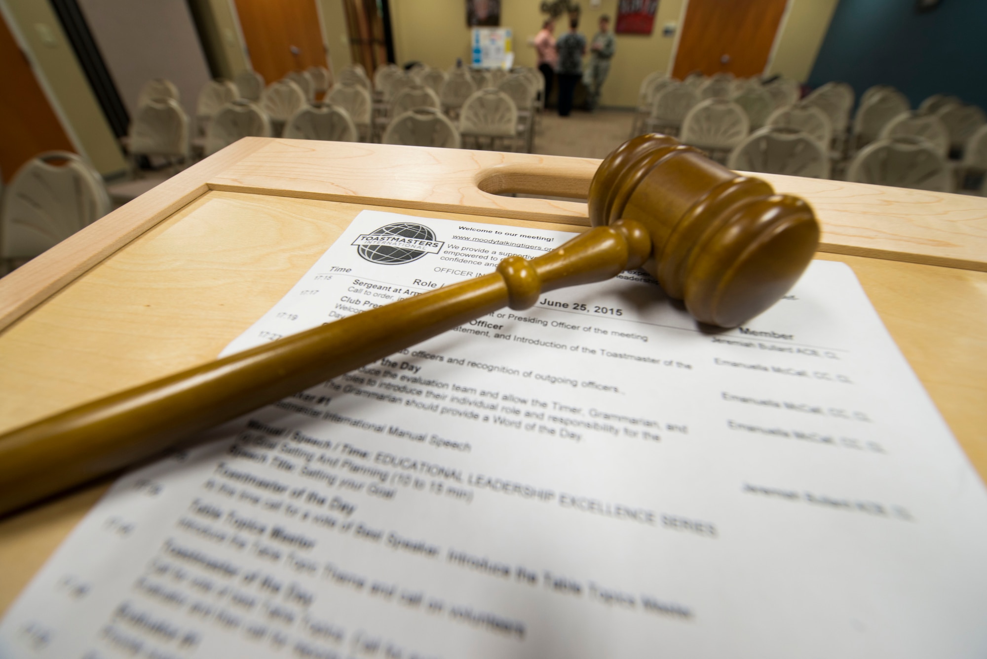 A Toastmasters gavel rests on a podium before the 2015 Moody Talking Tigers inauguration ceremony June 25, 2015, at Moody Air Force Base, Ga. The Talking Tigers host weekly meetings where members perform speeches and impromptu skits to improve their public-speaking skills. (U.S. Air Force photo by Airman 1st Class Dillian Bamman/Released)