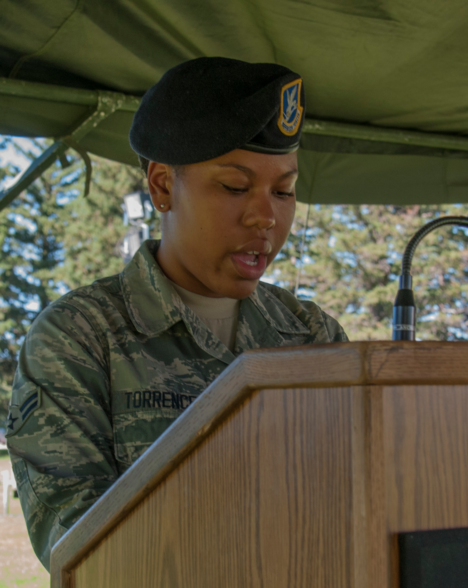 Airman 1st Class Angelique Torrence, 90th Missile Security Forces Squadron, F.E. Warren Air Force Base, Wyo., reads names of Americans who died during the Vietnam War June 26, 2015, at the American Veterans Traveling Tribute hosted at Lions Park in Cheyenne, Wyo. Torrence and many others took shifts reading all the names on the Vietnam Veterans Memorial over the course of the AVTT’s stay in Cheyenne. (U.S. Air Force photo by Senior Airman Jason Wiese)