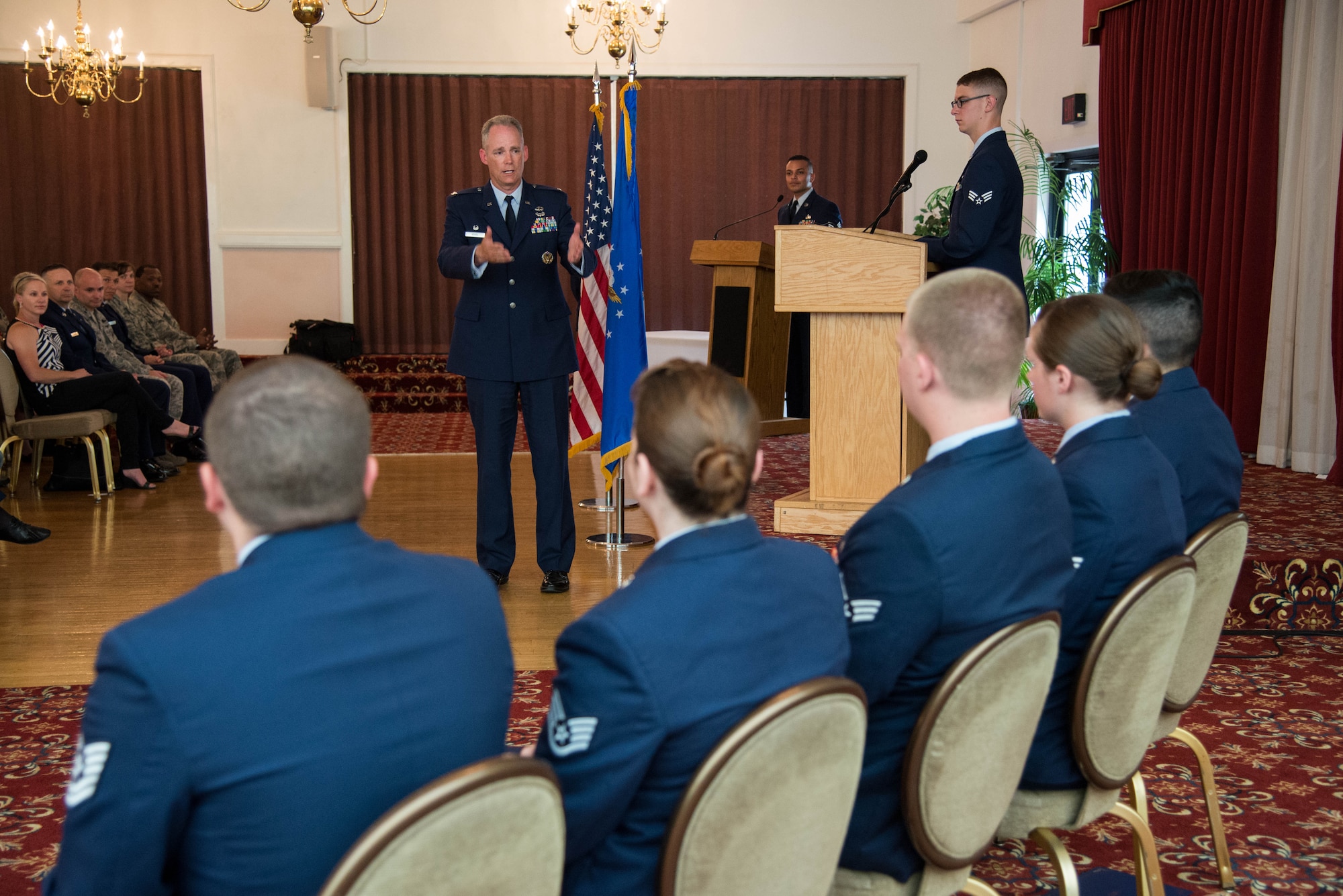 Col. Michael A. Vogel, 66th Air Base Group commander, addresses newly promoted Airmen during the monthly enlisted promotion ceremony at the Minuteman Commons June 30. The monthly enlisted promotion ceremony, generally held the last duty day of the month gives the Hanscom community a chance to recognize enlisted Airman selected for promotion. (U.S. Air Force photo by Mark Herlihy)