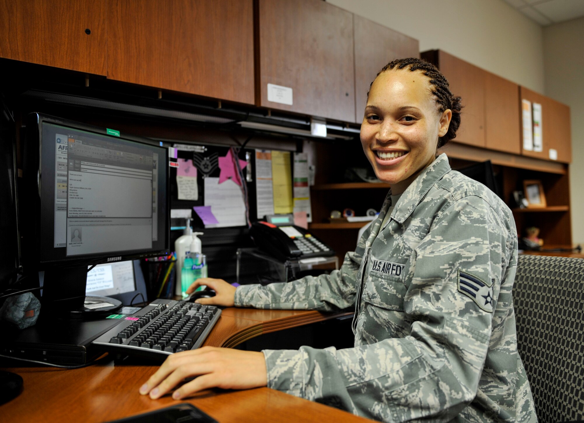 Senior Airman Teyler-Symone Williams, a 19th Airlift Wing administrator was named Combat Airlifter of the Week June 29, 2015, at Little Rock Air Force Base, Ark. Williams, a Las Vegas, Nv. native, took charge of the Director of Staff government purchase card account, liaisons with Wing Staff Agencies Resource Advisor and DS to get funds squared away and get a spend plan in place. (U.S. Air Force photo by Senior Airman Stephanie Serrano)