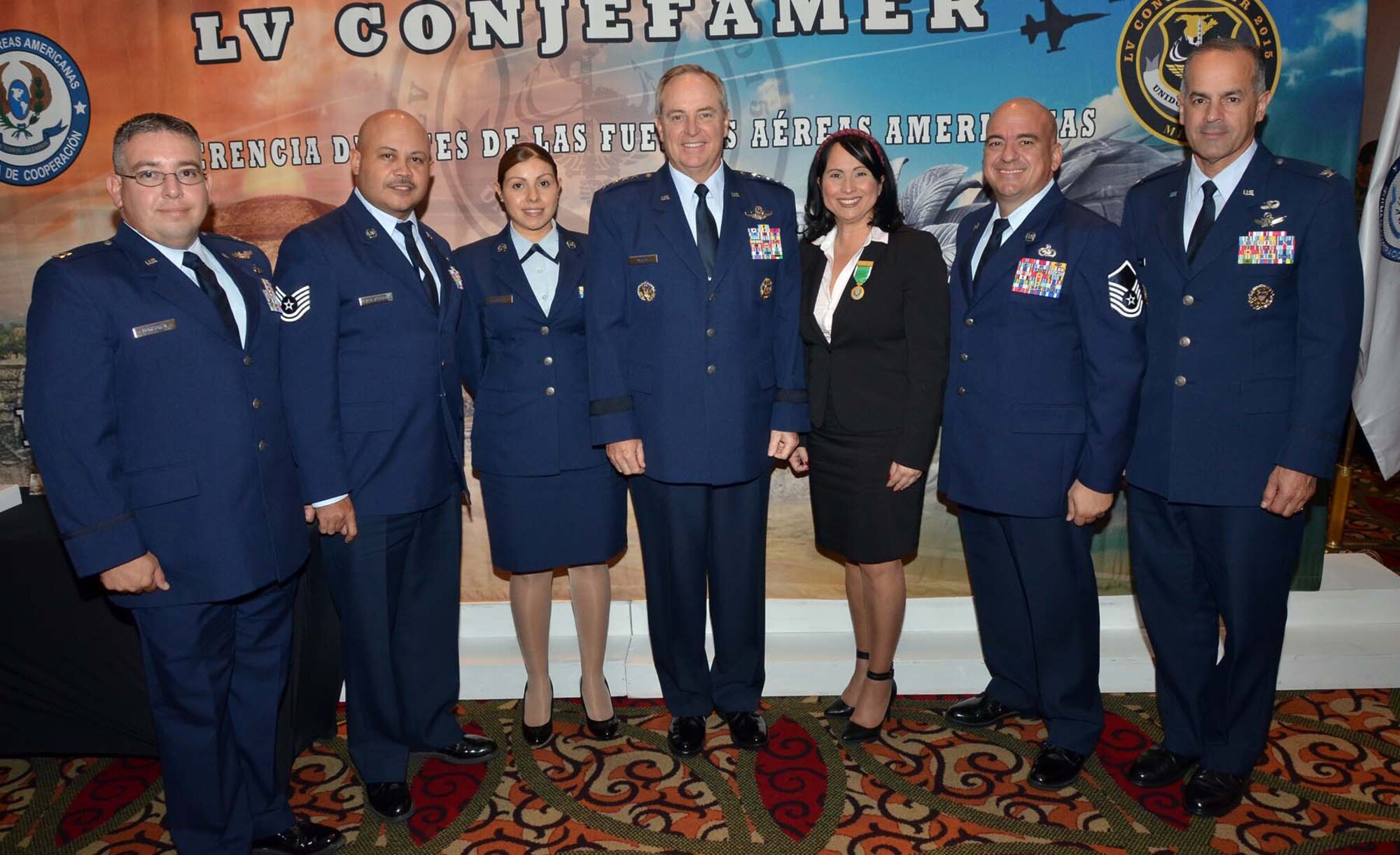 Air Force Chief of Staff Gen. Mark A. Welsh III, stands with Airmen from the System of Cooperation Among the American Air Forces at the group's annual Conference of American Air Chiefs in Mexico City, June 25, 2015. SICOFAA is a collection of more than 20 air forces from throughout the Western Hemisphere who work together to enhance interoperability and relationships across the region. (U.S. Air Force photo by Capt. Bryan Bouchard)