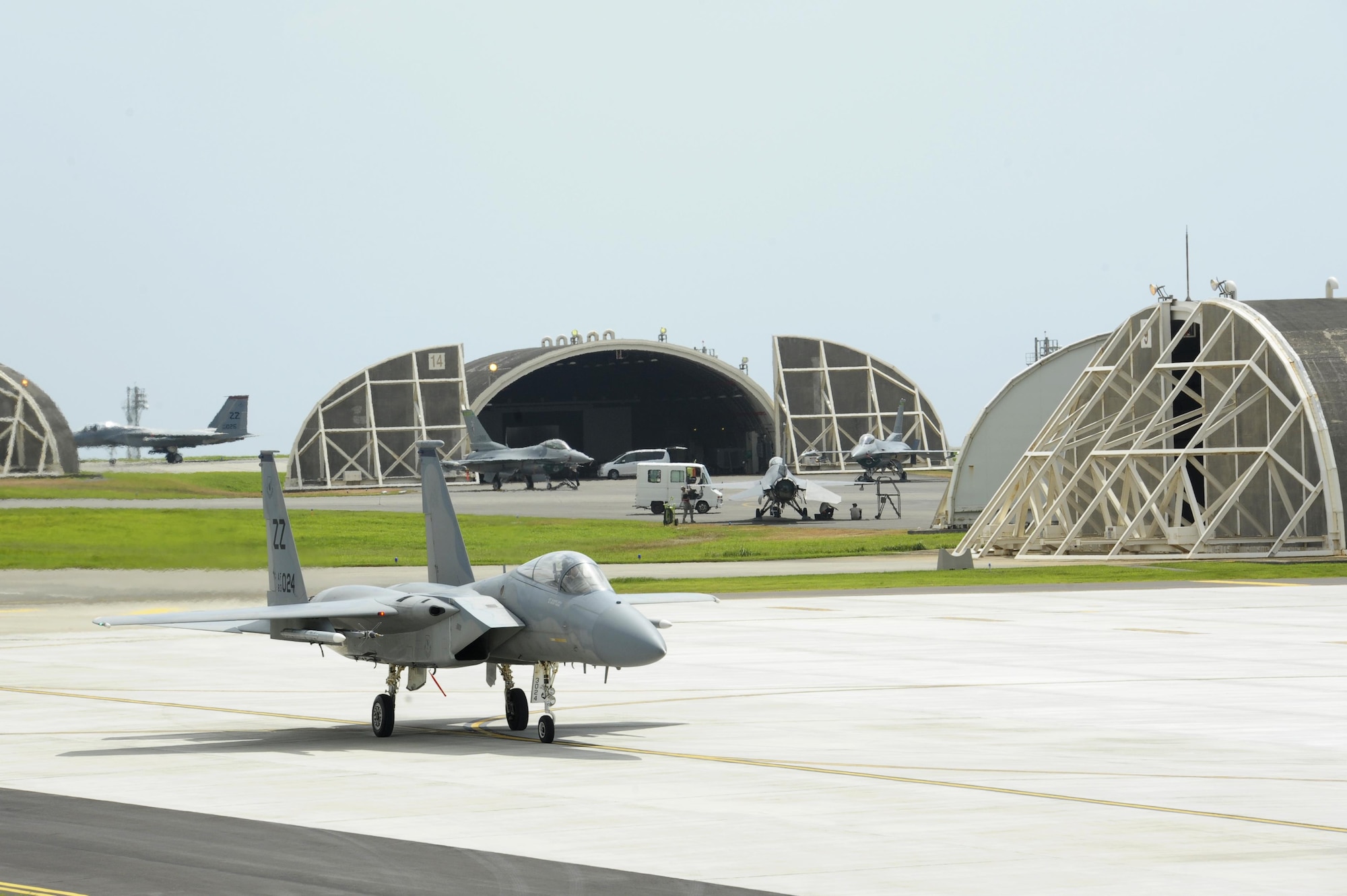 A U.S. Air Force F-15 Eagle from the 44th Fighter Squadron taxis after landing during a large force exercise on Kadena Air Base, Japan, July 30, 2015. The fighter jets were in charge of gaining air superiority while protecting ground troops and rescue helicopters during the exercise. (U.S. Air Force photo by Airman 1st Class Zackary A. Henry)