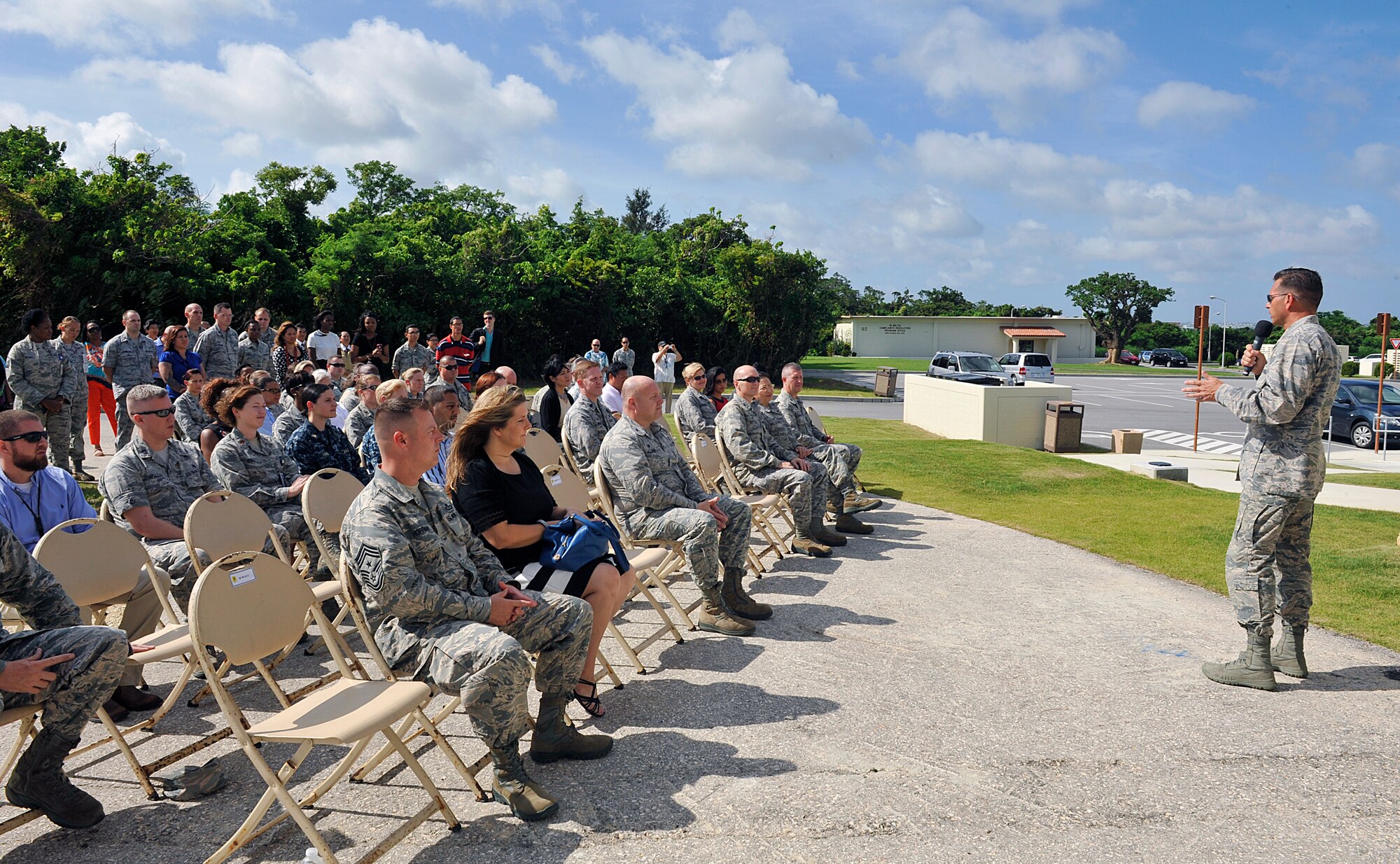 U.S. Air Force Brig. Gen. Barry Cornish, 18th Wing commander, expresses his appreciation to the people involved in the relocation of the Mental Health Clinic during an opening ceremony on Kadena Air Base, Japan, July 1, 2015. Approximately 60 people attended the ribbon cutting ceremony to celebrate the opening of the facility that services 16,000 joint service beneficiaries on Okinawa. (U.S. Air Force photo by Naoto Anazawa)