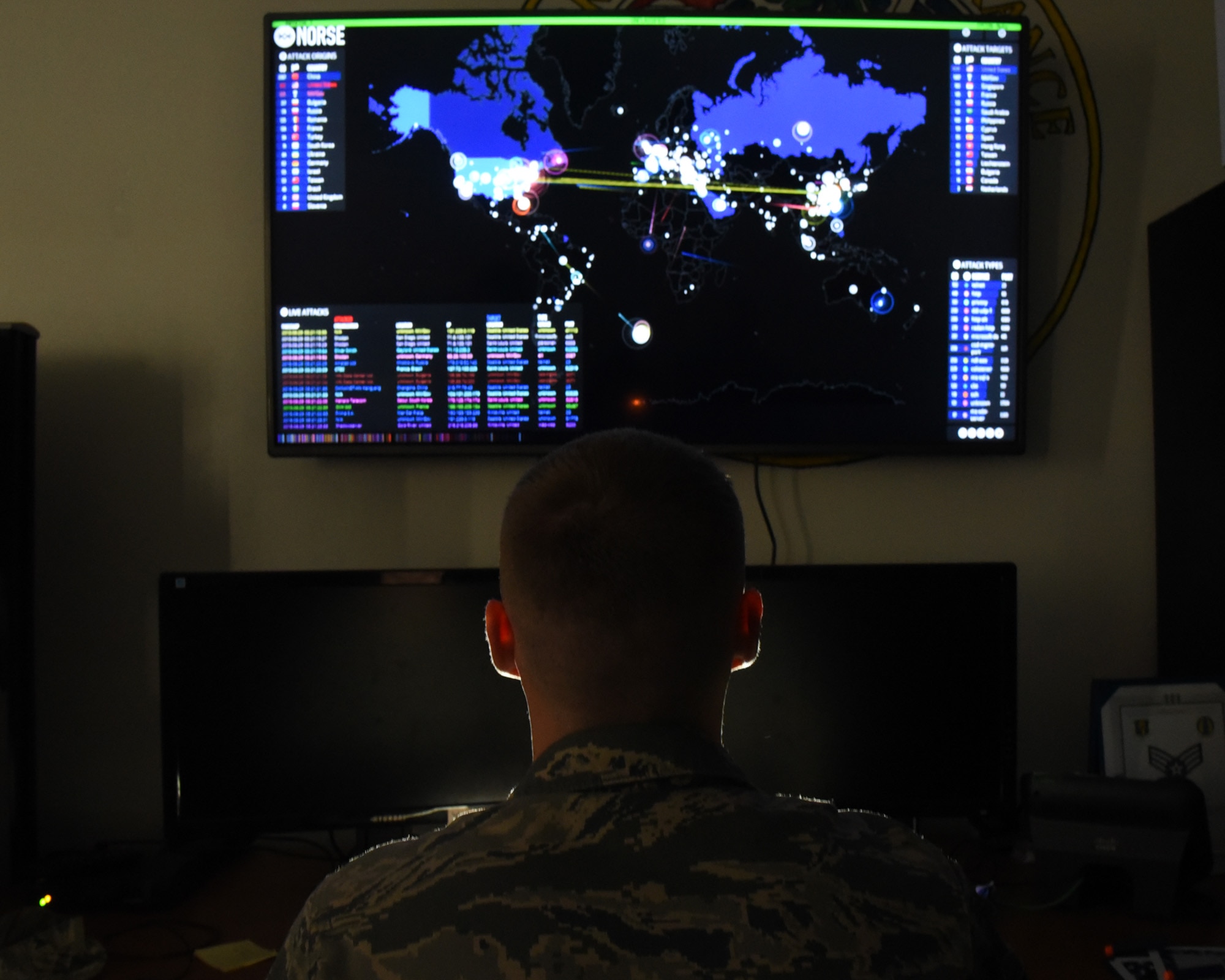 Staff Sgt. Auguste Archer, 35th Communications Squadron cyber security technician, uses a program to monitor hacker attempts across the world. As a cyber security tech, Auguste is provides first-line defense for the Air Force Information Network, and provides support to the Department of Defense as a whole by effectively securing this piece of the DOD's Information Network. His superior performance earned him the title of his squadron's Wild Weasel of the Week. (U.S. Air Force photo by Staff Sgt. Alyssa C. Gibson)
