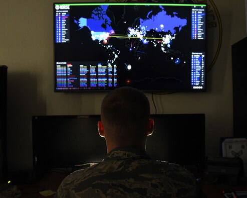 Staff Sgt. Auguste Archer, 35th Communications Squadron cyber security technician, uses a program to monitor hacker attempts across the world. As a cyber security tech, Auguste is provides first-line defense for the Air Force Information Network, and provides support to the Department of Defense as a whole by effectively securing this piece of the DOD's Information Network. His superior performance earned him the title of his squadron's Wild Weasel of the Week. (U.S. Air Force photo by Staff Sgt. Alyssa C. Gibson)
