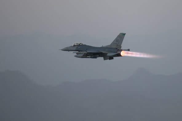 Capt. Dakota Olsen, a 555th Expeditionary Fighter Squadron F-16 Fighting Falcon pilot, takes off on a combat airpower mission June 17, 2015, at Bagram Airfield, Afghanistan. Olsen’s job was to provide close air support and armed overwatch for military personnel in Afghanistan. Various sorties and missions are flown throughout the country on a daily basis, providing airpower to ensure a safe and secure environment for personnel at Bagram Airfield. (U.S. Air Force photo/Tech. Sgt. Joseph Swafford)