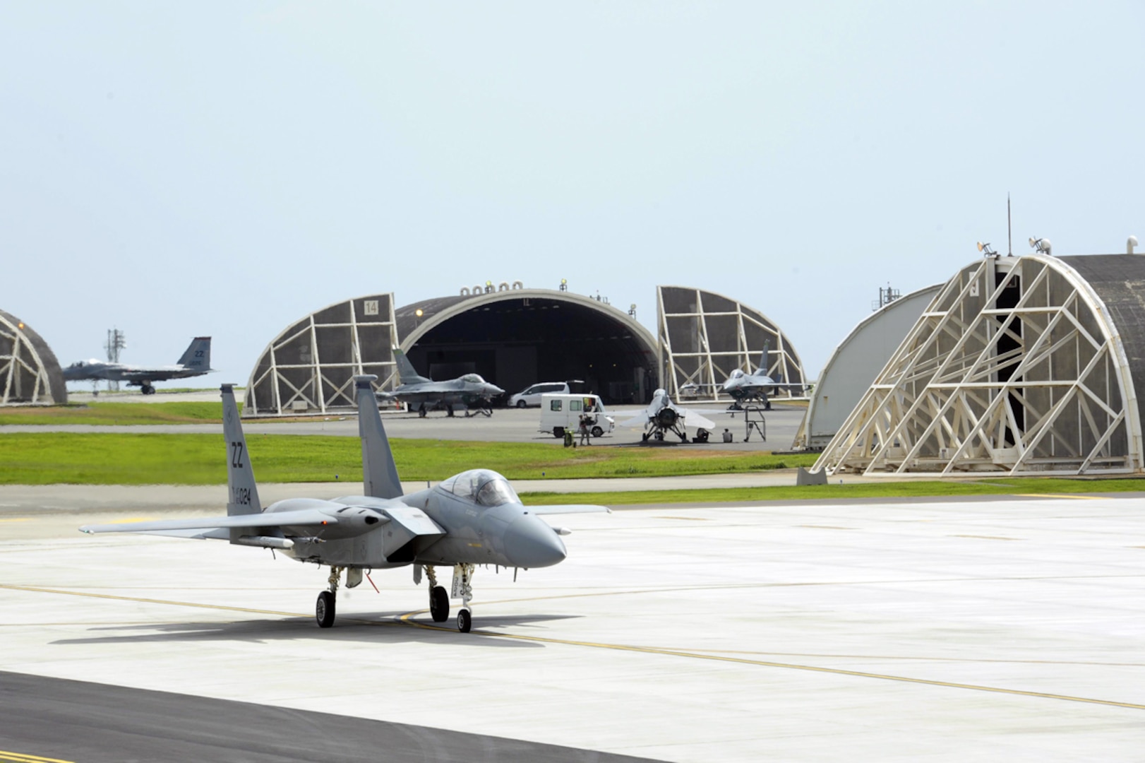 KADENA AIR BASE, Japan (June 30, 2015) - A U.S. Air Force F-15 Eagle from the 44th Fighter Squadron taxis after landing during a large force exercise.  The fighter jets were in charge of gaining air superiority while protecting ground troops and rescue helicopters during the exercise. 