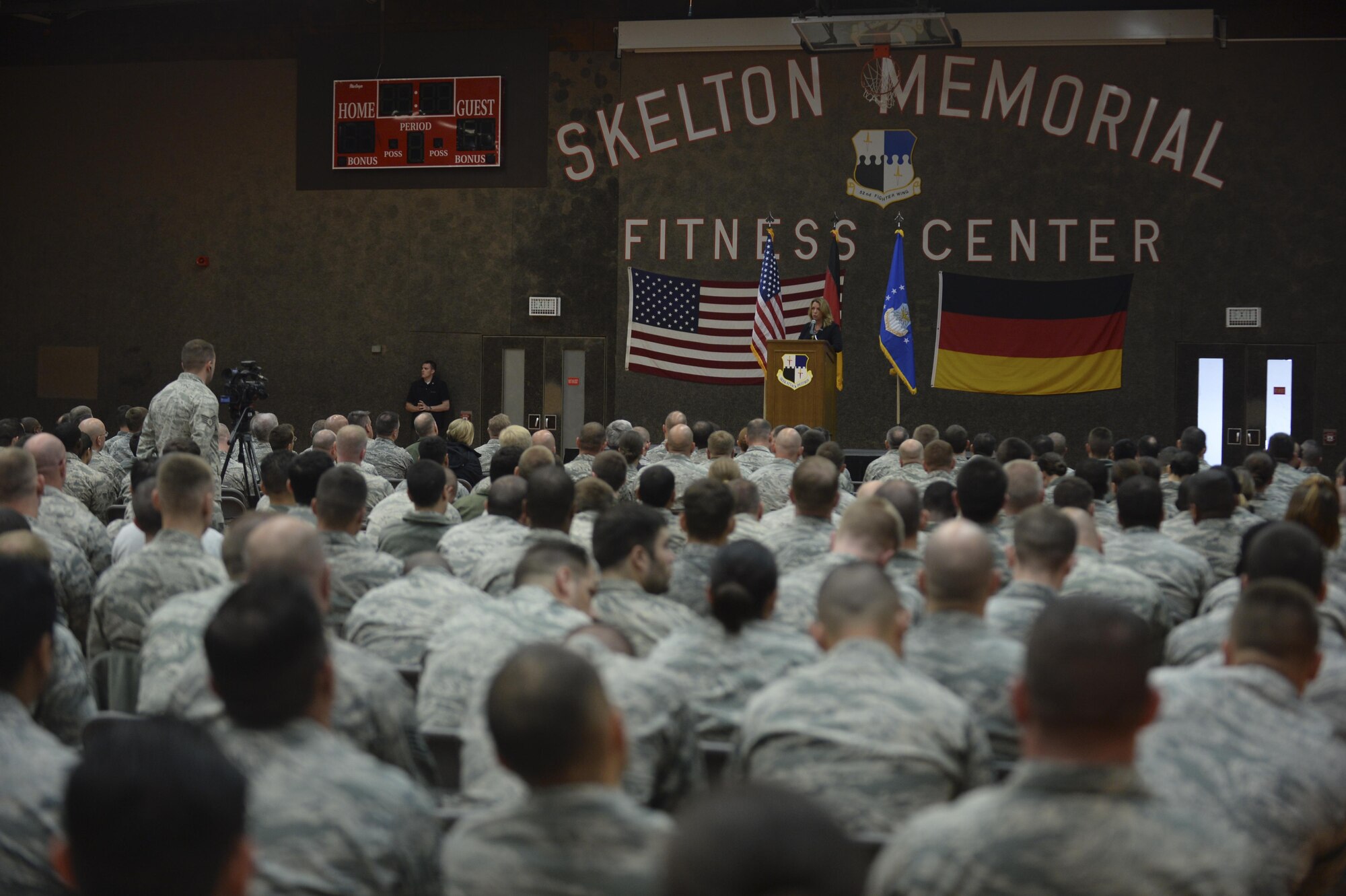 Secretary of the Air Force Deborah Lee James speaks to Airmen during an all call at Spangdahlem Air Base, Germany, June 23, 2015. The secretary completed a visit of installations through Europe June 24, 2015, to meet Airmen, community leaders and allied and partner nation defense chiefs. (U.S. Air Force photo/Staff Sgt. Joe W. McFadden)