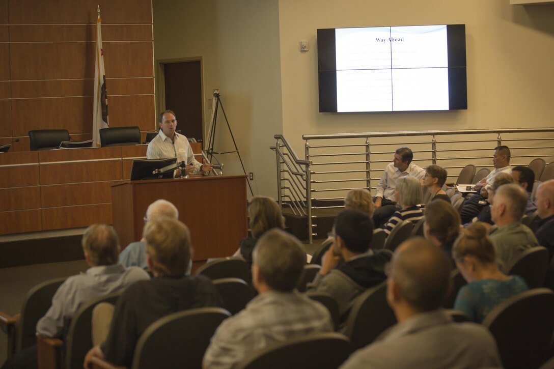 Chris Elliott, water resource manager, Natural Resources and Environmental Affairs, educates local water authority officials and community members during a water conservation symposium at the Coachella Valley Water District, in Palm Desert, Calif., June 26, 2015. Water authority officials delivered eight presentations covering the different strategies being used by drought affected organizations. (Official Marine Corps photo by Pfc. Levi Schultz/Released)