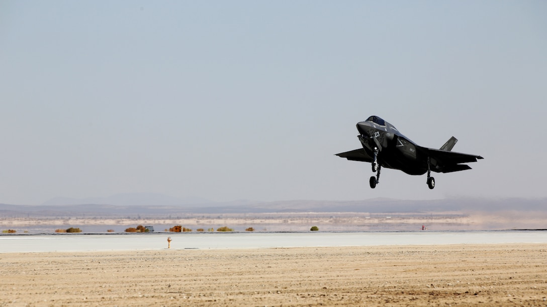 An F-35B Lightning II with Marine Operational and Test Evaluation Squadron 22 prepares to touch down aboard Edwards Air Force Base, California, Oct. 9, 2014. This is the squadron’s first F-35 Lightning II.