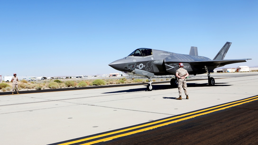 A F-35B Lightning II with Marine Operational and Test Evaluation Squadron 22 taxis down the flight line aboard Edwards Air Force Base, California, Oct. 9, 2014. The aircraft is scheduled to replace several Marine aircraft and is the squadron’s first F-35.