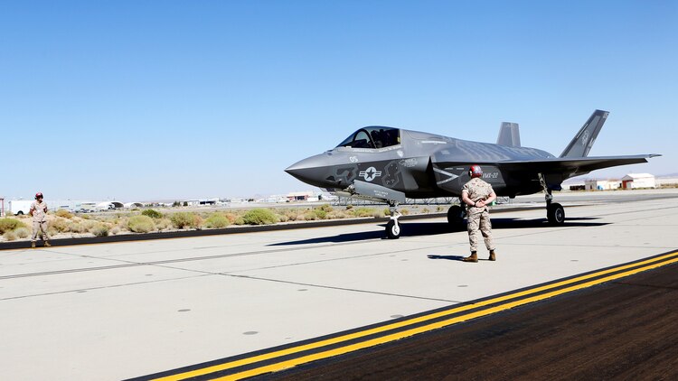 A F-35B Lightning II with Marine Operational and Test Evaluation Squadron 22 taxis down the flight line aboard Edwards Air Force Base, California, Oct. 9, 2014. The aircraft is scheduled to replace several Marine aircraft and is the squadron’s first F-35.