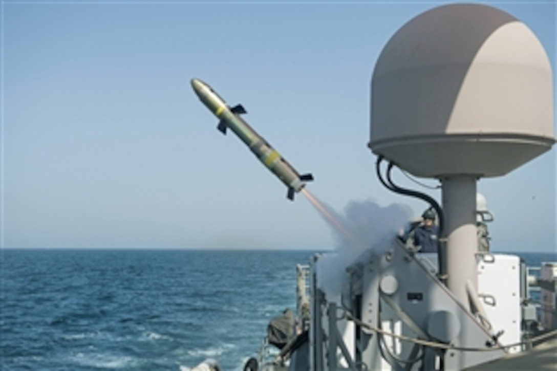 The coastal patrol ship USS Firebolt fires a Griffin missile during a test and proficiency fire in the Arabian Gulf, June 28, 2015. The Firebolt is supporting maritime and theater security operations in the U.S. 5th Fleet area of responsibility.  