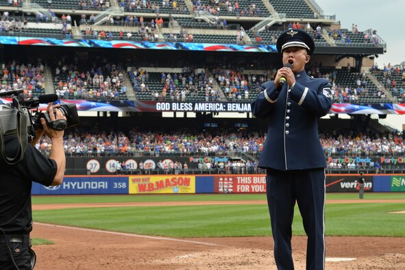 Master Sgt. Benjamin Parks performs God Bless America at New York City’s Citi Field on July 2, 2015 during the seventh inning stretch at the Mets’ game. This performance was part of a larger five-day tour in New York City to represent the Air Force on the nation's birthday (U.S. Air Force photo/1Lt. Esther Willett).