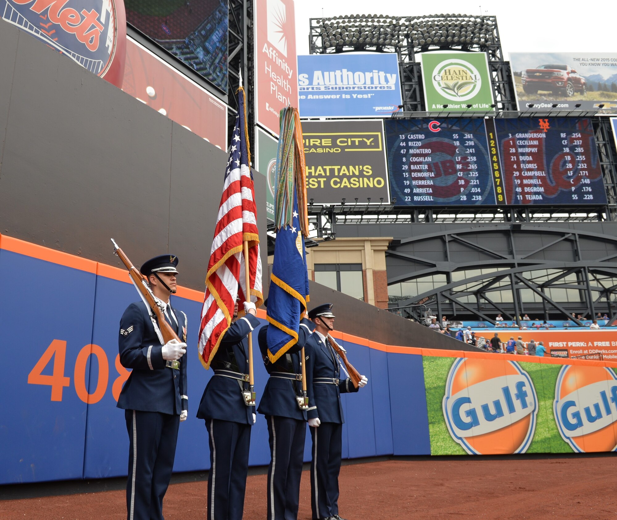 Members of the U.S. Honor Guard present the nation's Colors at New York City's Citi Field on July 2, 2015 before the Mets’ game. This performance was part of a larger five-day tour in New York City to represent the Air Force on the nation's birthday (U.S. Air Force photo/1Lt. Esther Willett).