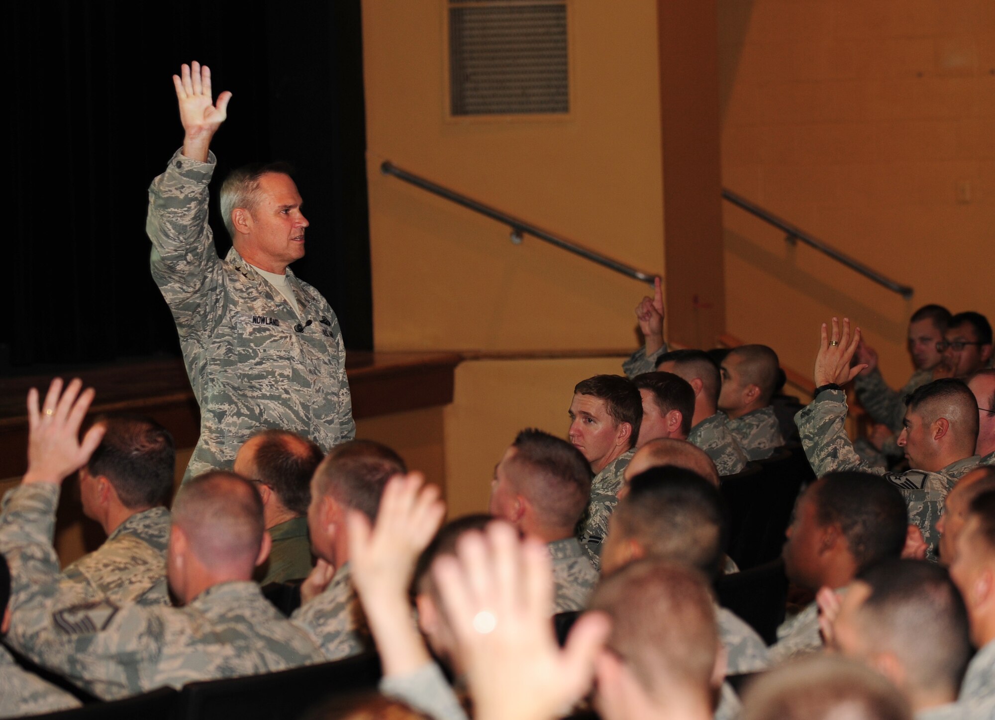 U.S. Air Force Lt. Gen. Chris Nowland, 12th Air Force (Air Forces Southern) commander, speaks to Airmen of the 355th Fighter Wing during an all-call at the base theater at Davis-Monthan Air Force Base, Ariz., July 2, 2015. Nowland discussed topics of operational risk management, the Wingman Concept and Comprehensive Airman Fitness. Nowland emphasized how important it is for all Airmen to discuss ORM with their loved ones and wingmen in order to continue executing every mission as effectively as possible. (U.S. Air Force photo by Airman 1st Class Chris Drzazgowski/Released)  