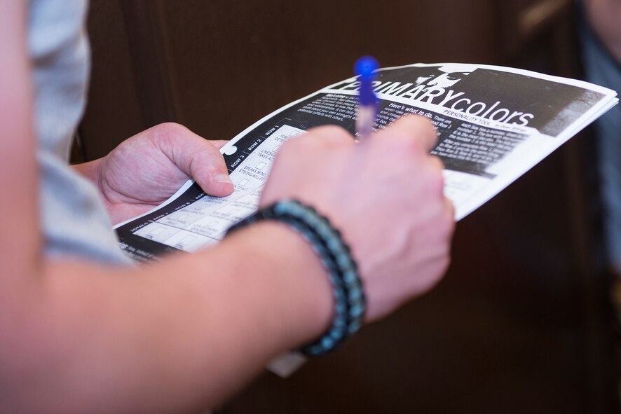 An Airman fills out a primary colors personality-tool worksheet during a single Airmen resiliency trip June 27, 2015, in Tampa, Fla. The 23d Wing and 93d Air Ground Operations Wing chapel facilitators implemented the activity to help participants discover their personality strengths and pitfalls and how to work on their faults. (U.S. Air Force photo by Airman Greg Nash/Released)