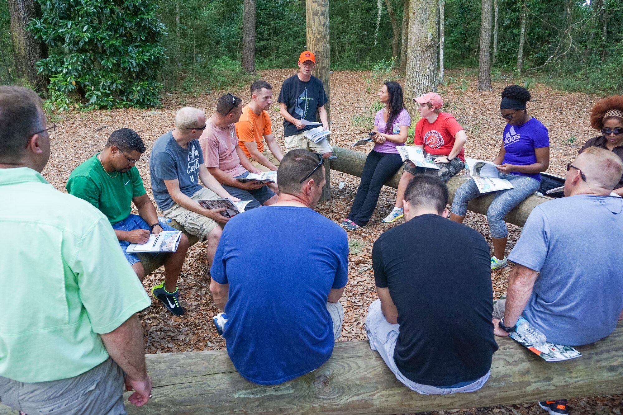 U.S. Air Force Maj. James Taylor, center, a chaplain and Strong Bonds instructor with the 116th Air Control Wing, Georgia Air National Guard, leads a class on relationship building during the outdoor adventure course at the Strong Bonds singles retreat at the Sea Palms Resort, Saint Simons Island, Ga., June 27, 2015. The retreat, hosted by chaplains from the 116th Air Control wing, is a key component of the unit's resiliency program aimed at helping Airmen from Air National Guard units across Georgia to build relationships, learn to trust people, and hone their teambuilding skills. (U.S. Air National Guard photo by Senior Master Sgt. Roger Parsons/Released)