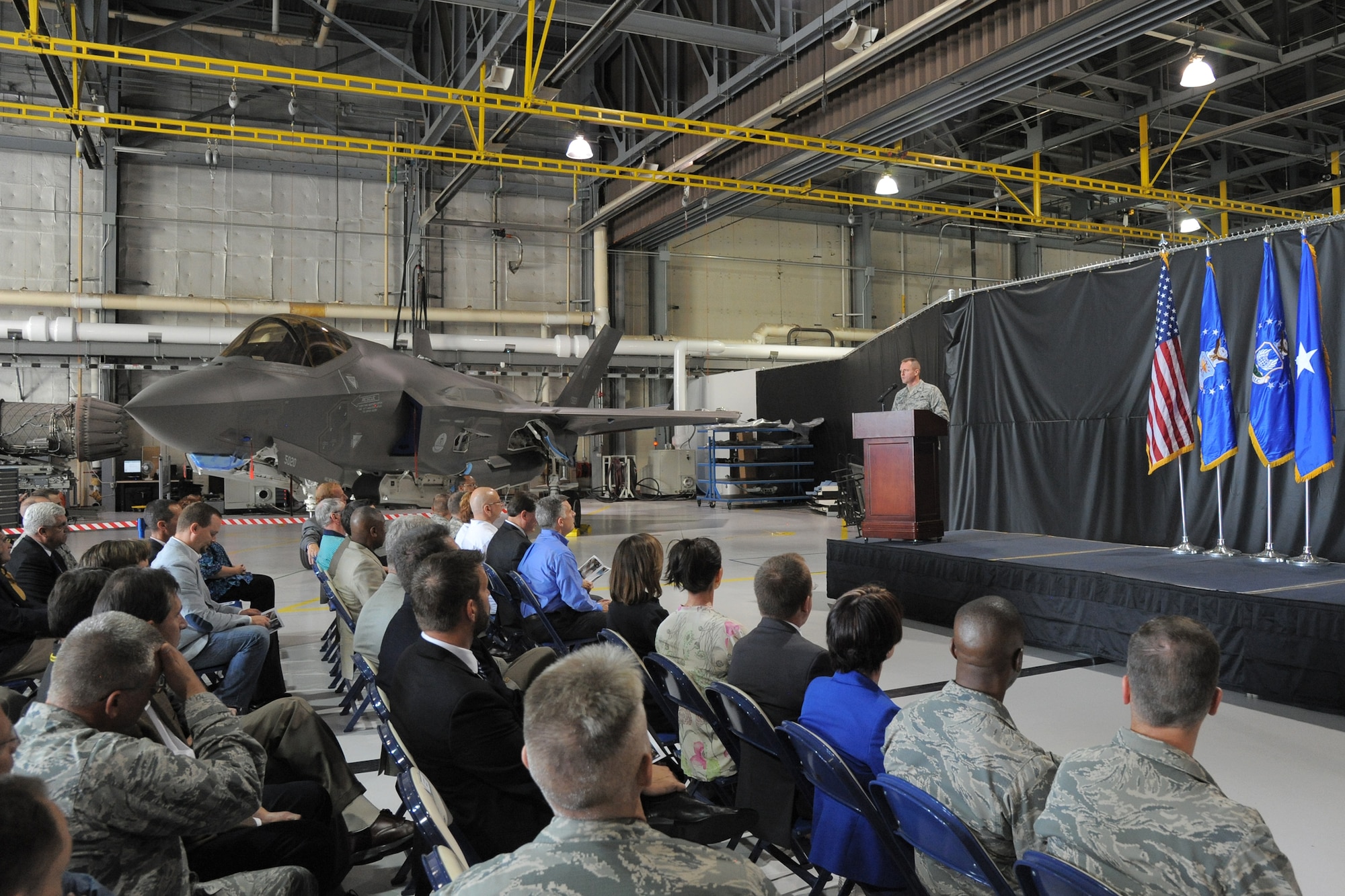 In a ceremony surrounded by four of the newest fighter aircraft in the Department of Defense fleet, the 570th Aircraft Maintenance Squadron was activated June 10. (Air Force photo by Todd Cromar)