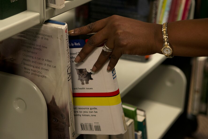 Kathleen Thomas, 23d Force Support Squadron library aid, stocks shelves at the Information Learning Center June 30, 2015, at Moody Air Force Base, Ga. Military members, dependents, civilian personnel and retirees will be able to checkout movies, audiobooks, reading and education materials from the library starting July 8. (U.S. Air Force photo by Airman 1st Class Kathleen D. Bryant)