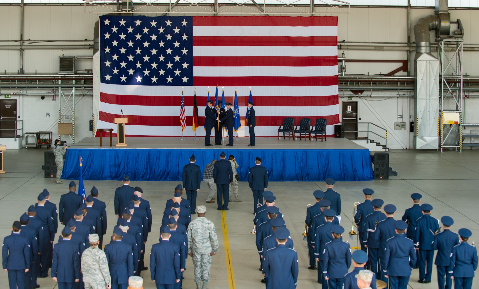 Lt. Gen. Timothy Ray, Third Air Force and 17th Expeditionary Air Force commander, receives the guidon from Gen. Frank Gorenc, U.S. Air Forces in Europe and Air Forces Africa commander July 2, 2015, at Ramstein Air Base.  As the Third Air Force commander, Ray will command and be responsible for forces engaged in contingency and wartime operations in Europe and Africa areas of responsibility. (U.S. Air Force photo/ Staff Sgt. Armando A. Schwier-Morales)