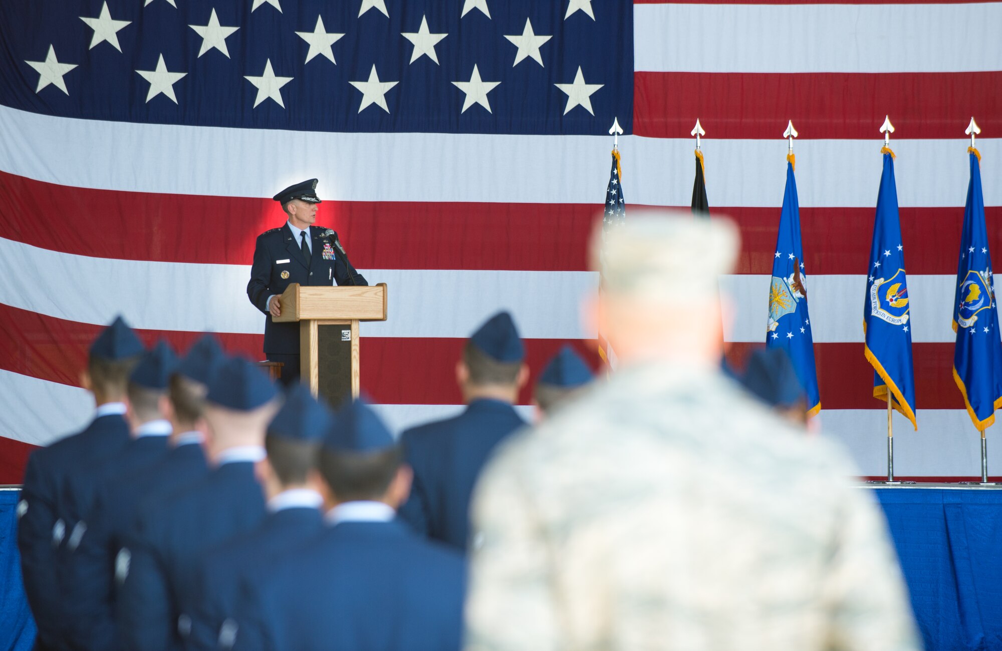 Lt. Gen. Timothy Ray, Third Air Force and 17th Expeditionary Air Force commander, speaks to Airmen representing Third Air Force and 17th Expeditionary Air Force July 2, 2015, at Ramstein Air Base, Germany. Ray now leads the command comprised of 10 wings, two groups, and the 603rd Air Operations Center. (U.S. Air Force photo/ Staff Sgt. Armando A. Schwier-Morales)