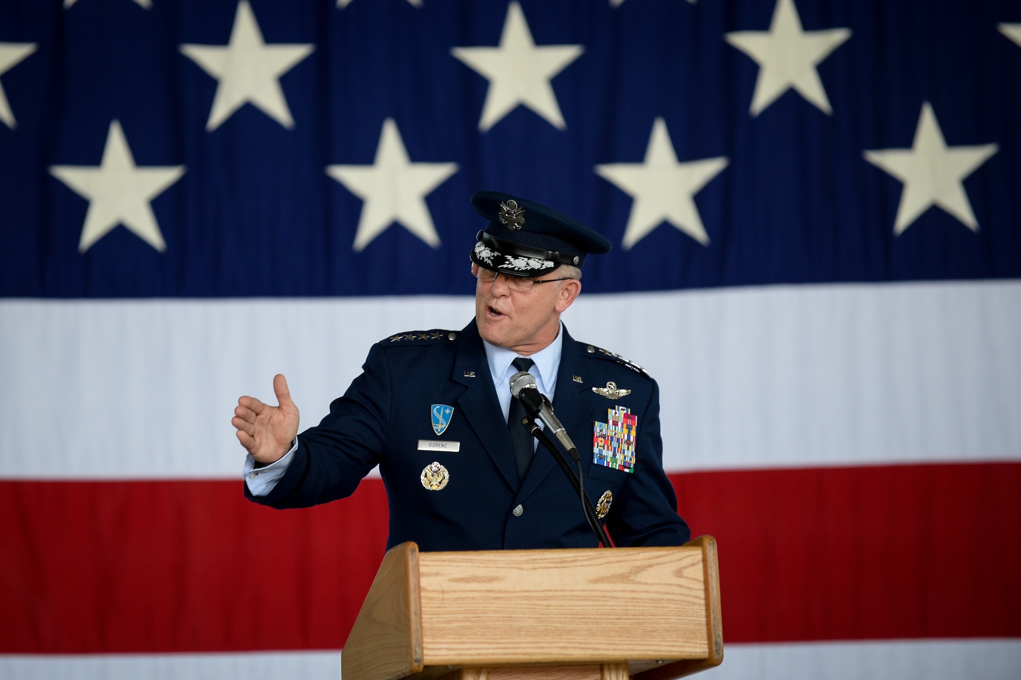 Gen. Frank Gorenc, U.S. Air Forces in Europe and U.S. Air Forces Africa commander, speaks during the Third Air Force and 17th Expeditionary Air Force change of command ceremony July 2, 2015, at Ramstein Air Base, Germany.  Lt. Gen. Timothy M. Ray assumed command after arriving from his previous position as the Office of the Assistant Secretary of the Air Force for Acquisition, Headquarters U.S. Air Force, Global Power Programs director, at the Pentagon, Washington, D.C. (U.S. Air Force photo/Senior Airman Nicole Sikorski) 