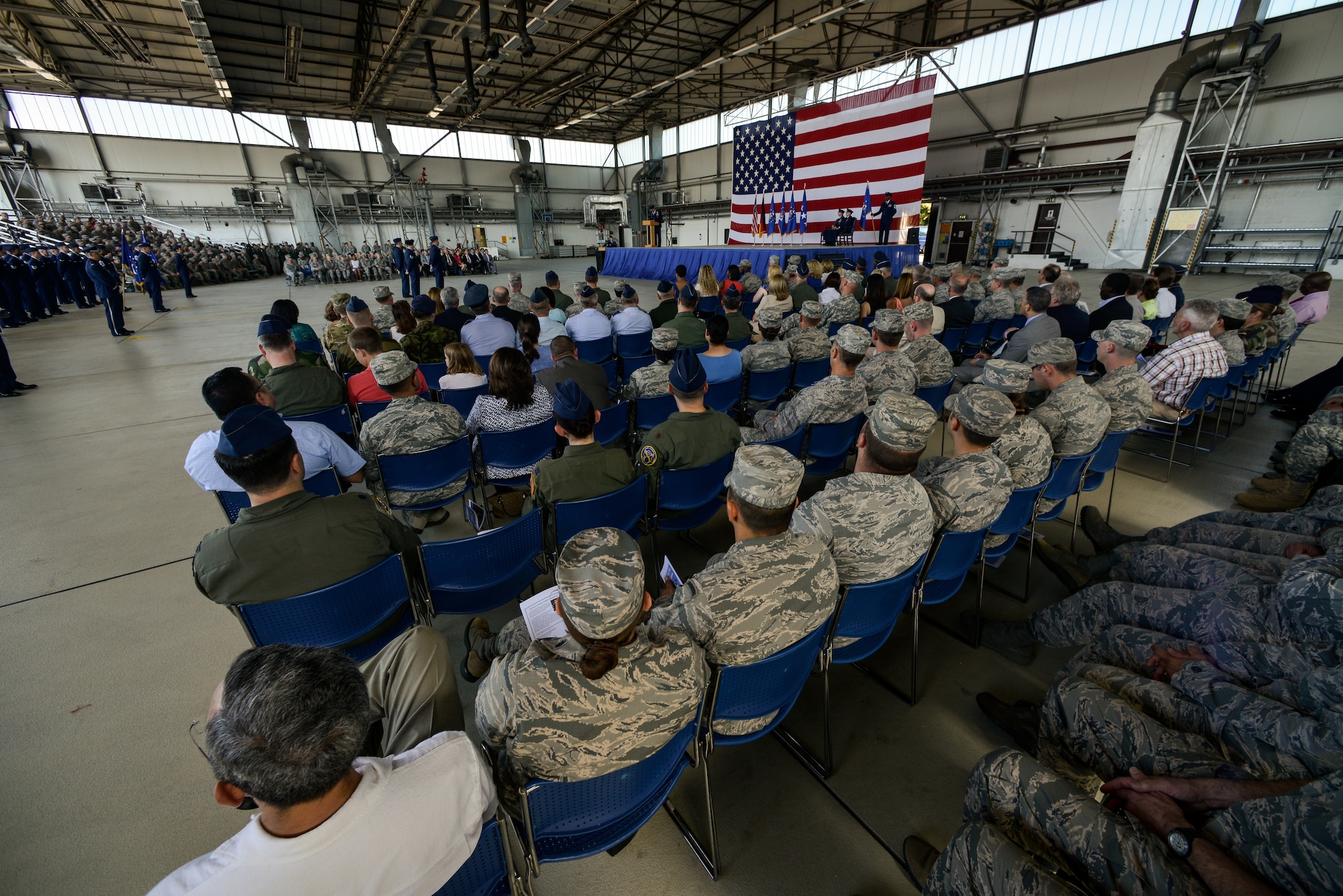 Airmen gather for the Third Air Force and 17th Expeditionary Air Force change of command ceremony July 2, 2015, at Ramstein Air Base, Germany. During the ceremony Lt. Gen. Darryl L. Roberson relinquished command to Lt. Gen. Timothy M. Ray. (U.S. Air Force photo/Senior Airman Nicole Sikorski)
