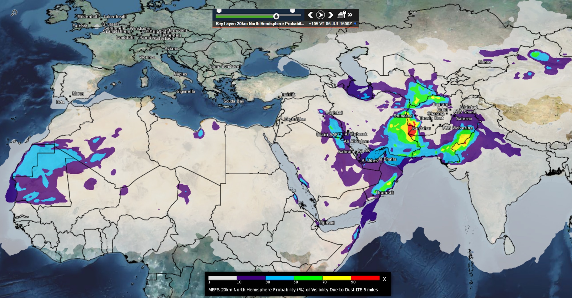 Pictured is a dust storm probability map.