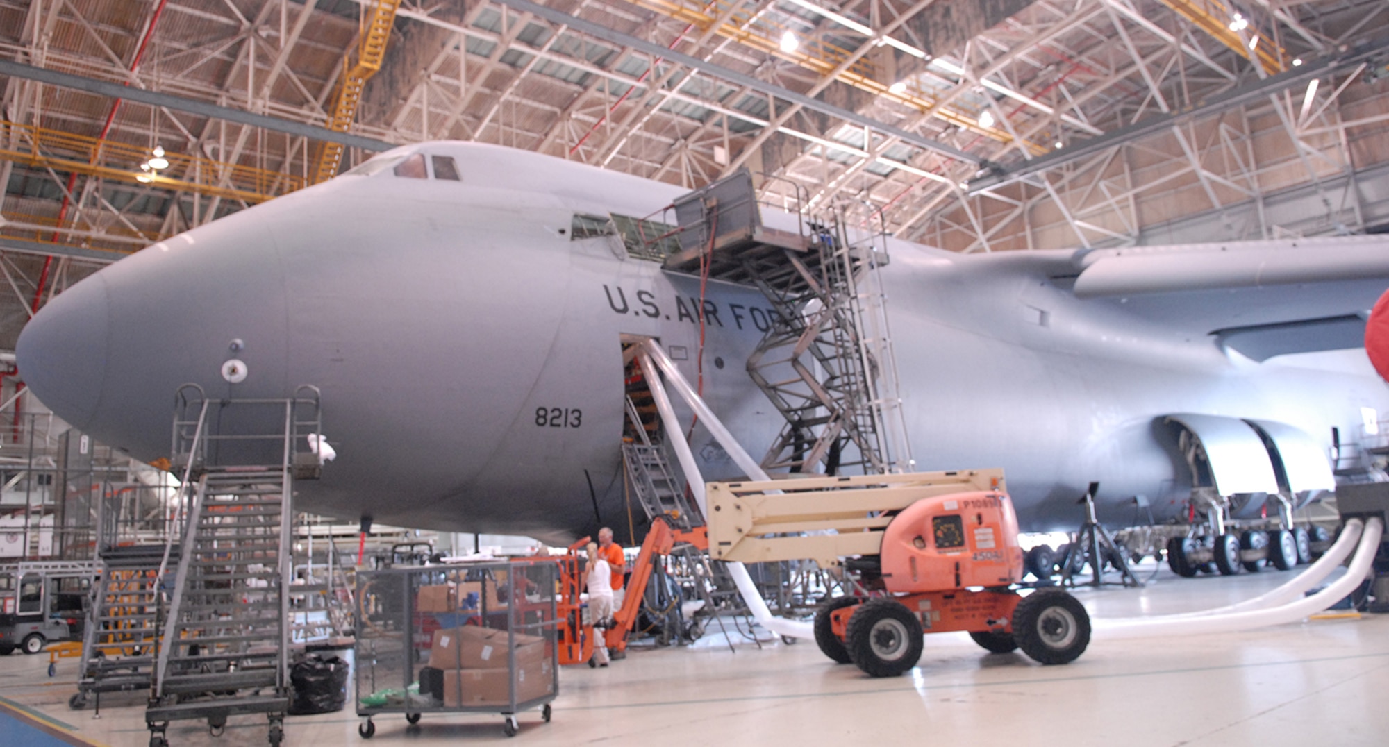 The first C-5C model to undergo Large Aircraft Infrared Countermeasures systems modifications sits in a hangar on the Robins flight line. (U.S. Air Force photo by Misuzu Allen)